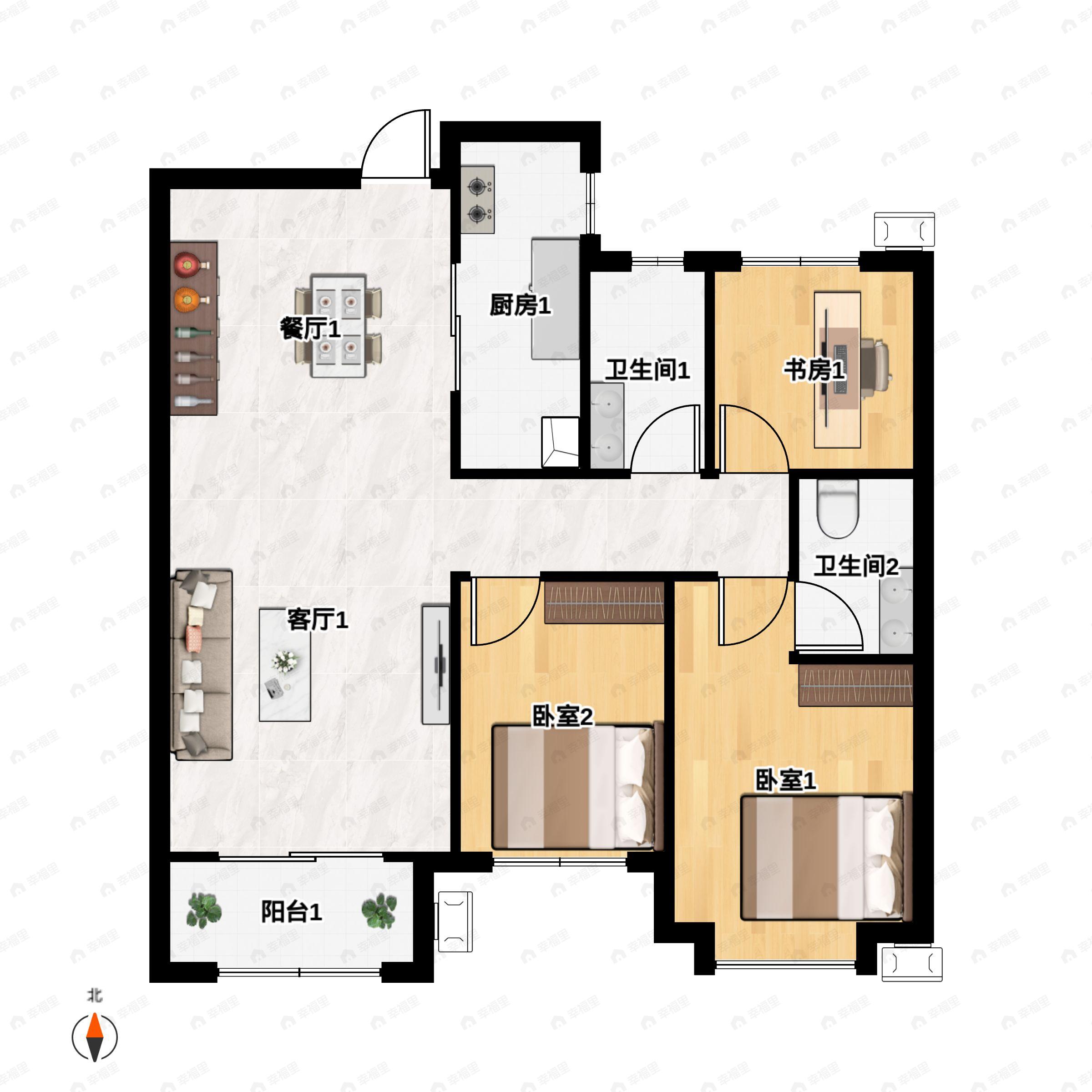3室2厅2卫建面107平北|南户型图