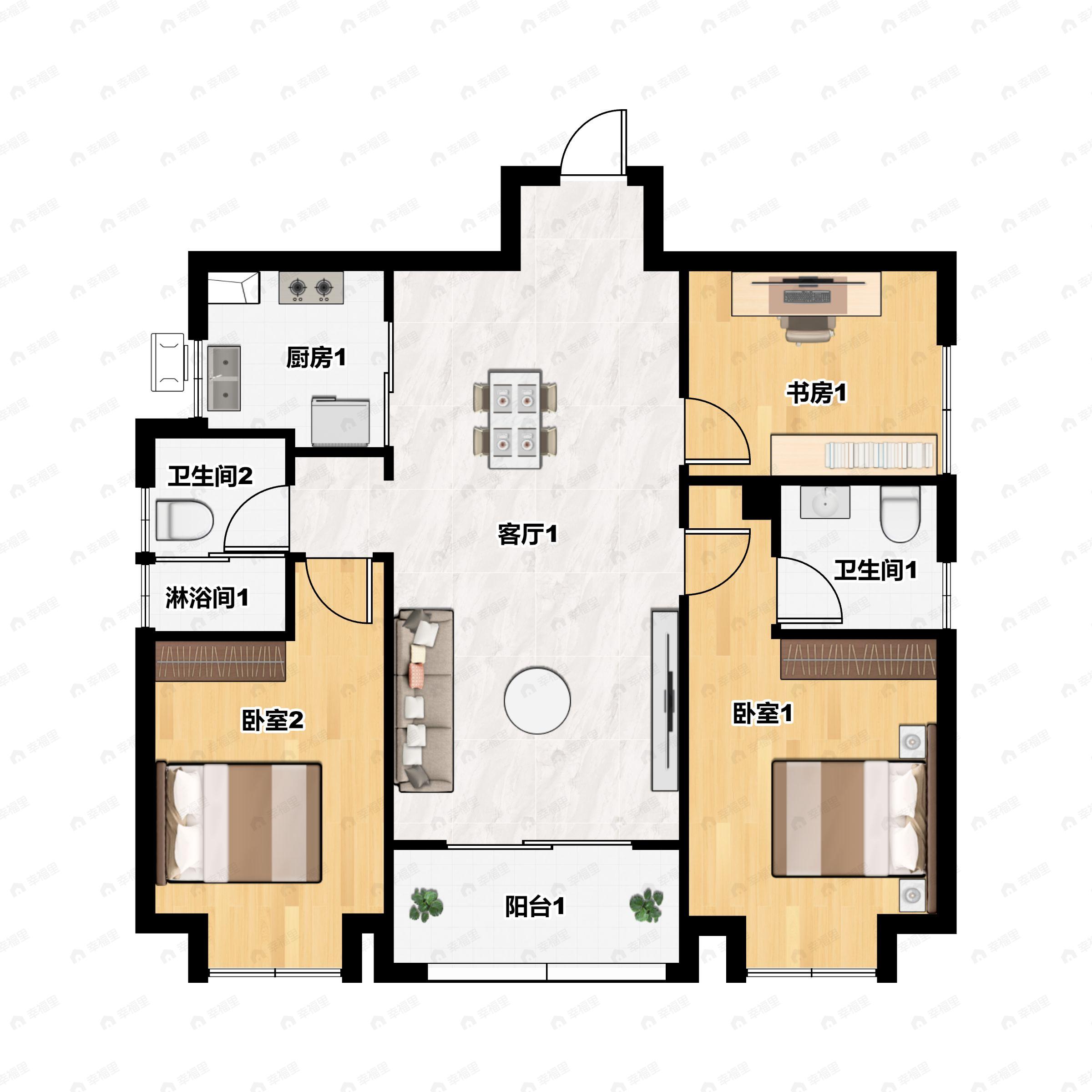 3室2厅2卫建面107m²南|北户型图