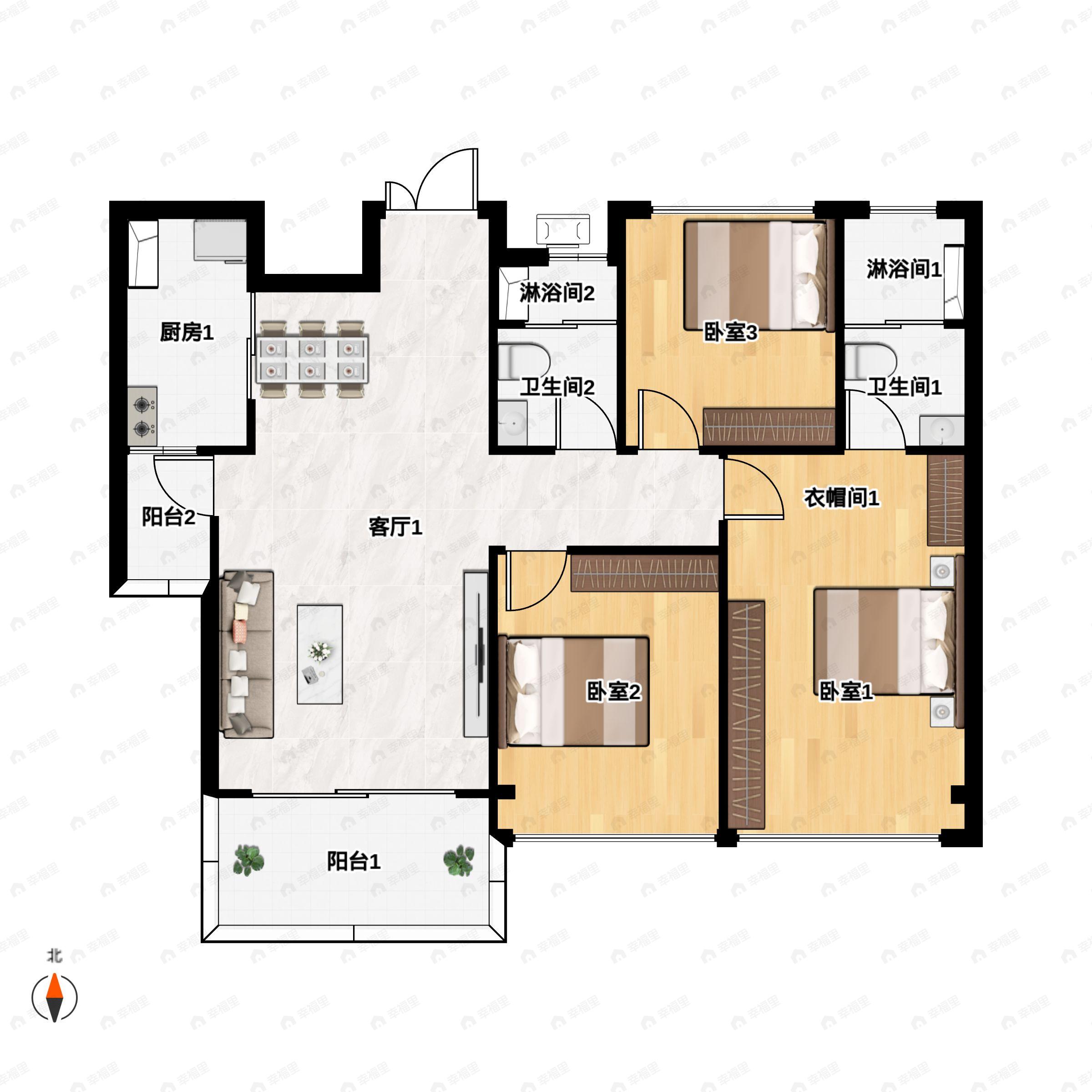 3室2厅2卫建面101平南户型图