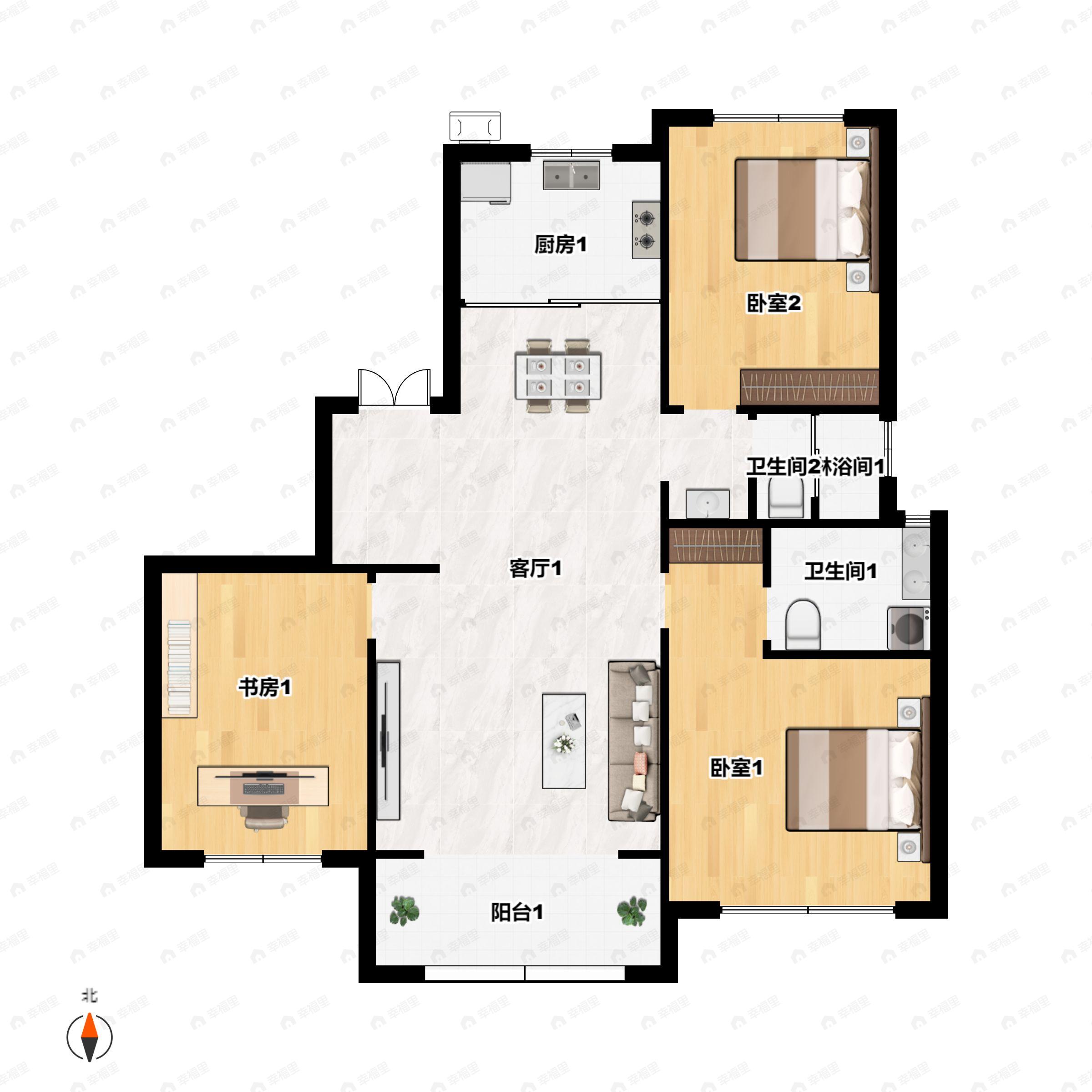 3室2厅2卫建面134m²南户型图