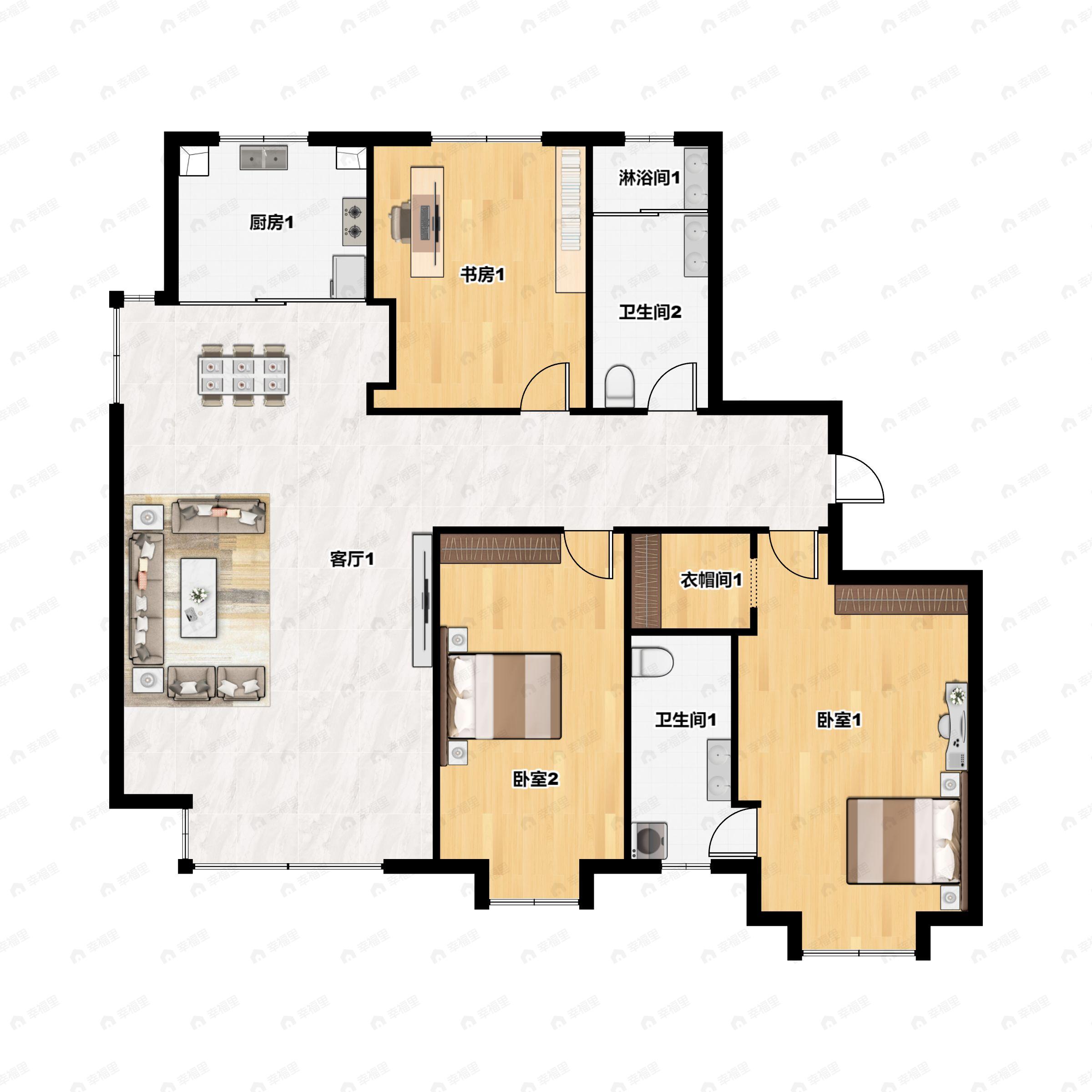 3室2厅2卫建面159m²南户型图