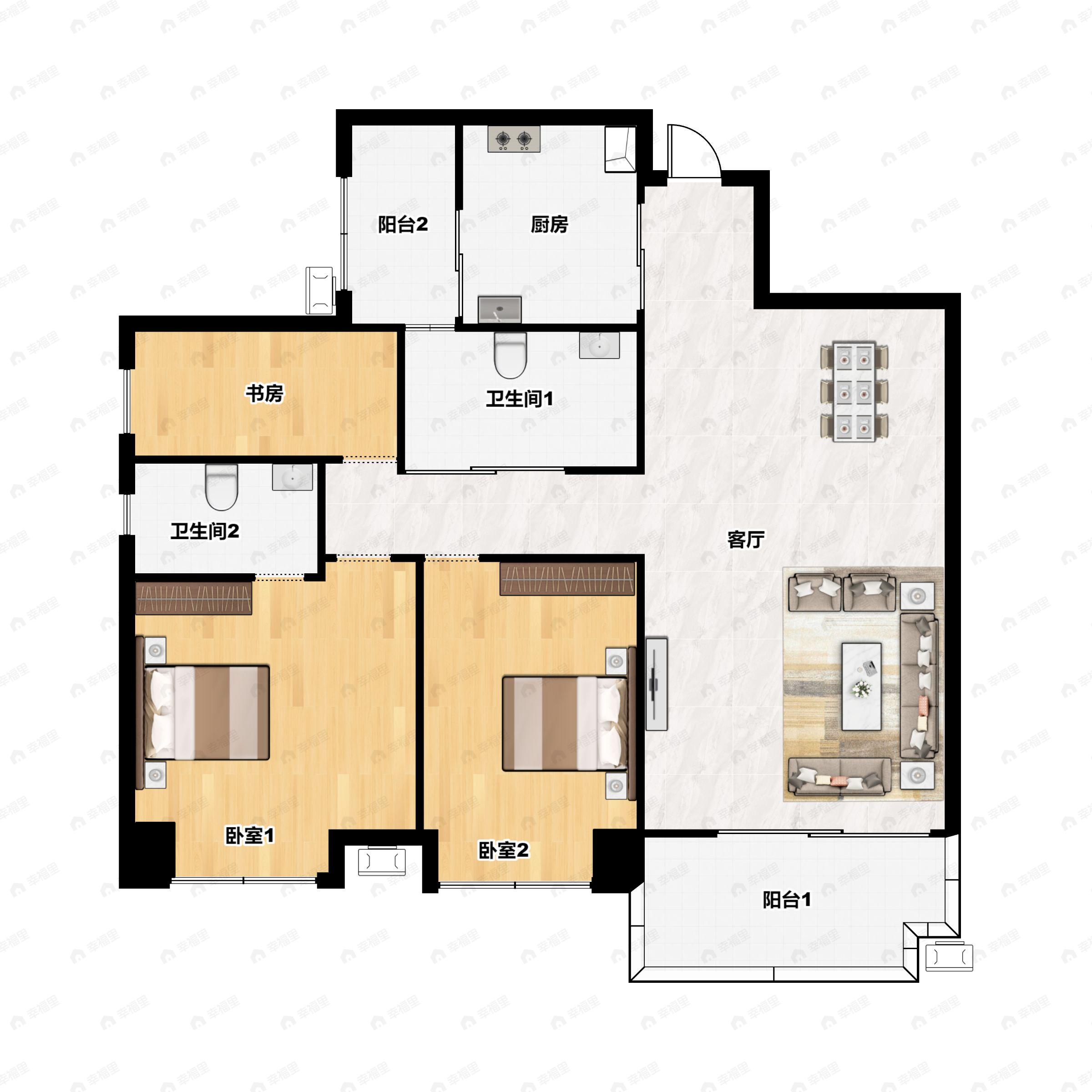 3室2厅2卫建面104平户型图