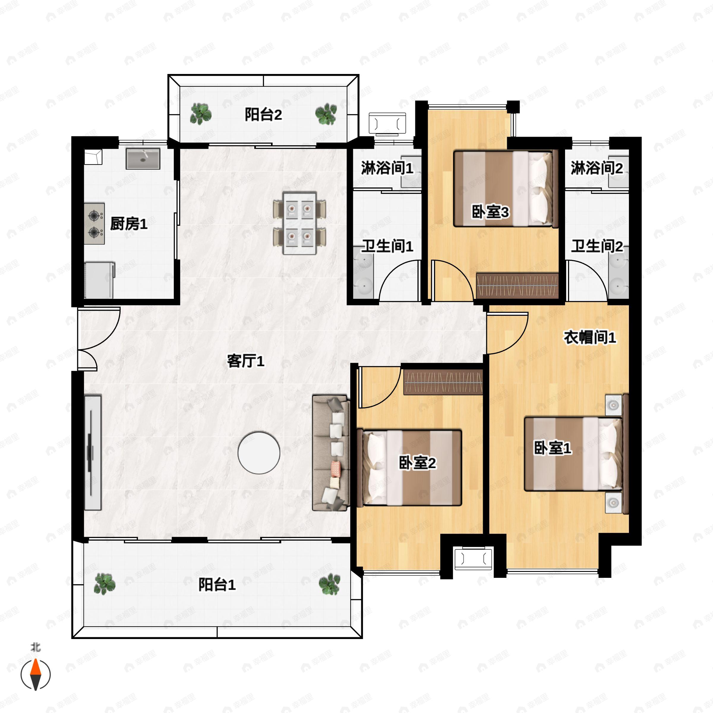 3室2厅2卫建面111平户型图