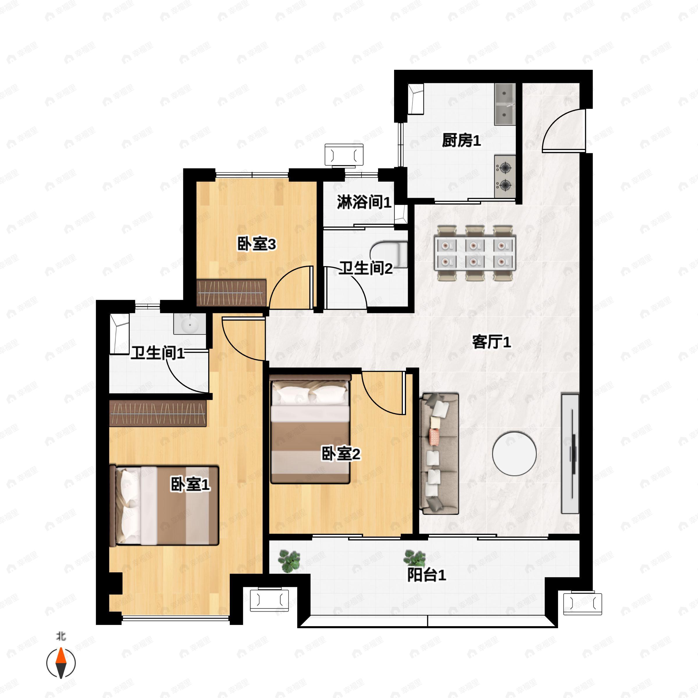 3室2厅2卫建面102平户型图