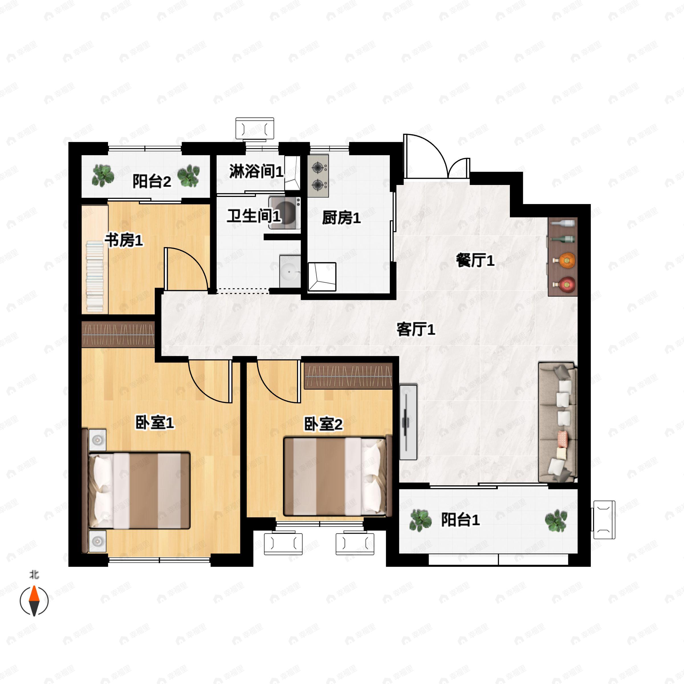 3室2厅1卫建面96m²南户型图