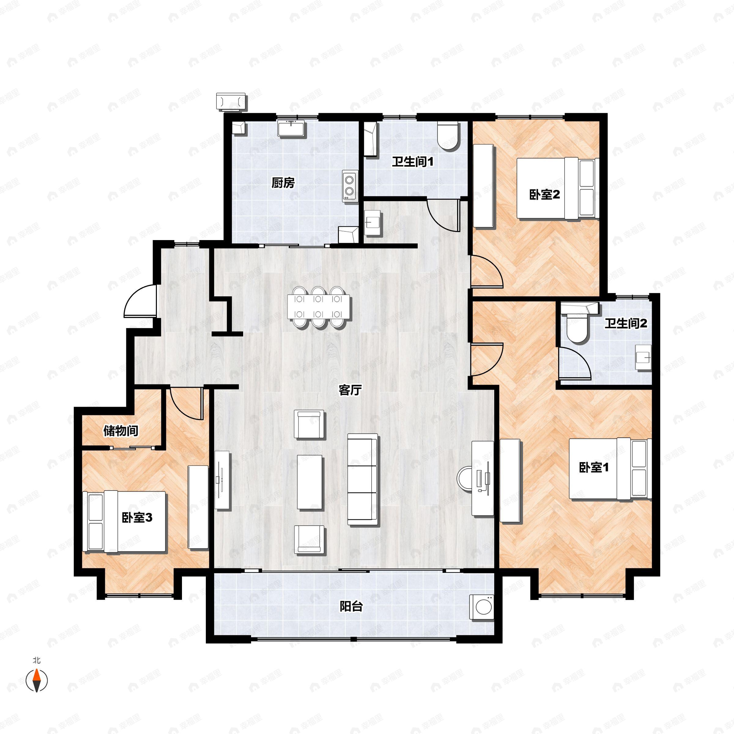 3室2厅2卫建面127平北|南户型图