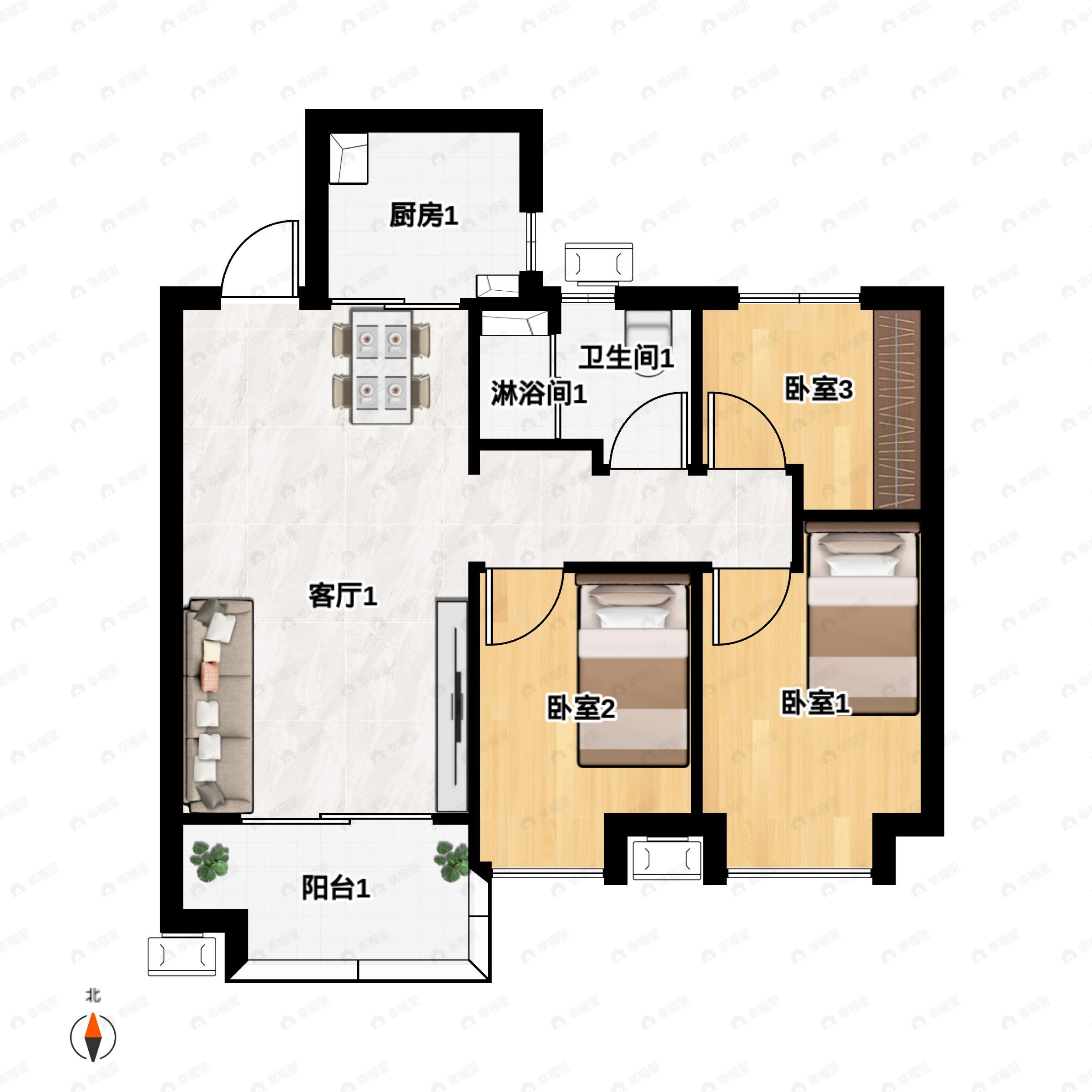 3室2厅1卫建面89平户型图