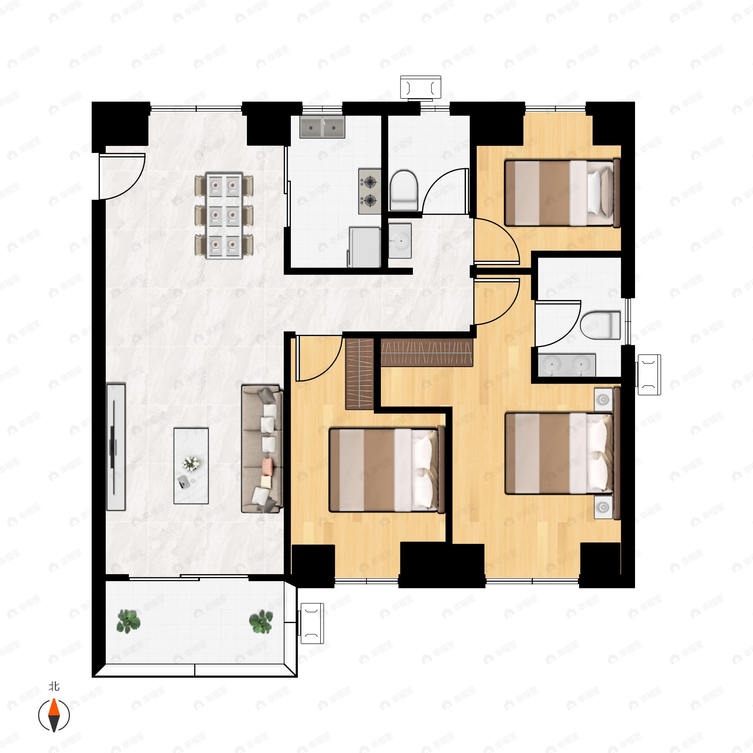 3室2厅2卫建面110m²南户型图