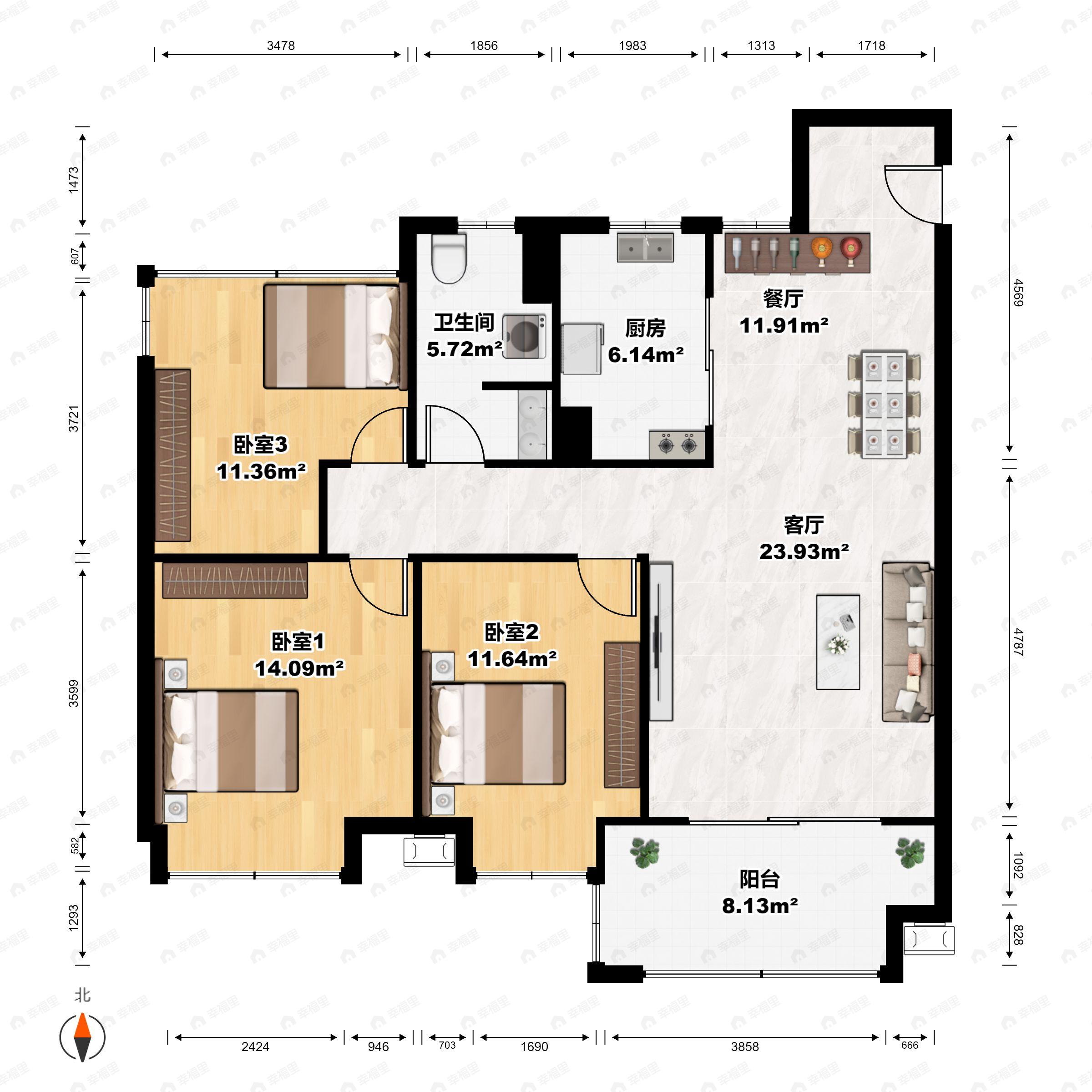 3室2厅1卫建面92平户型图