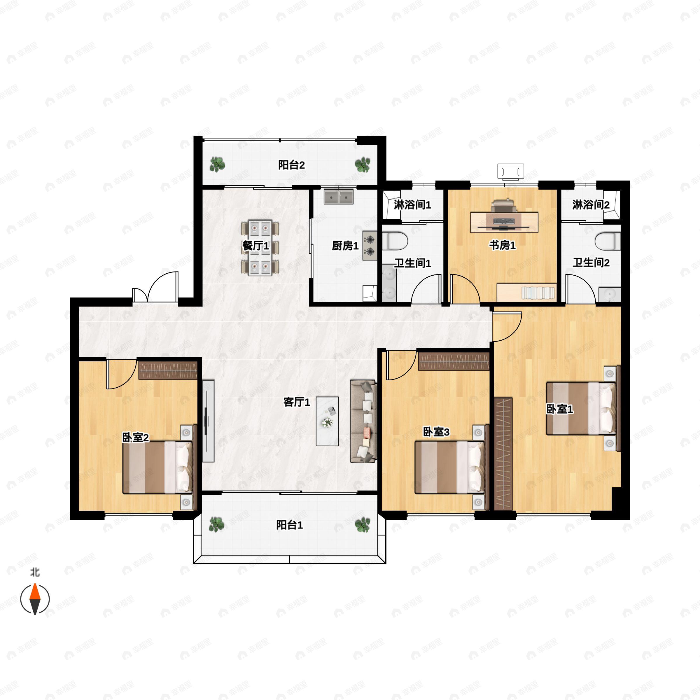 4室2厅2卫建面145平北|南户型图