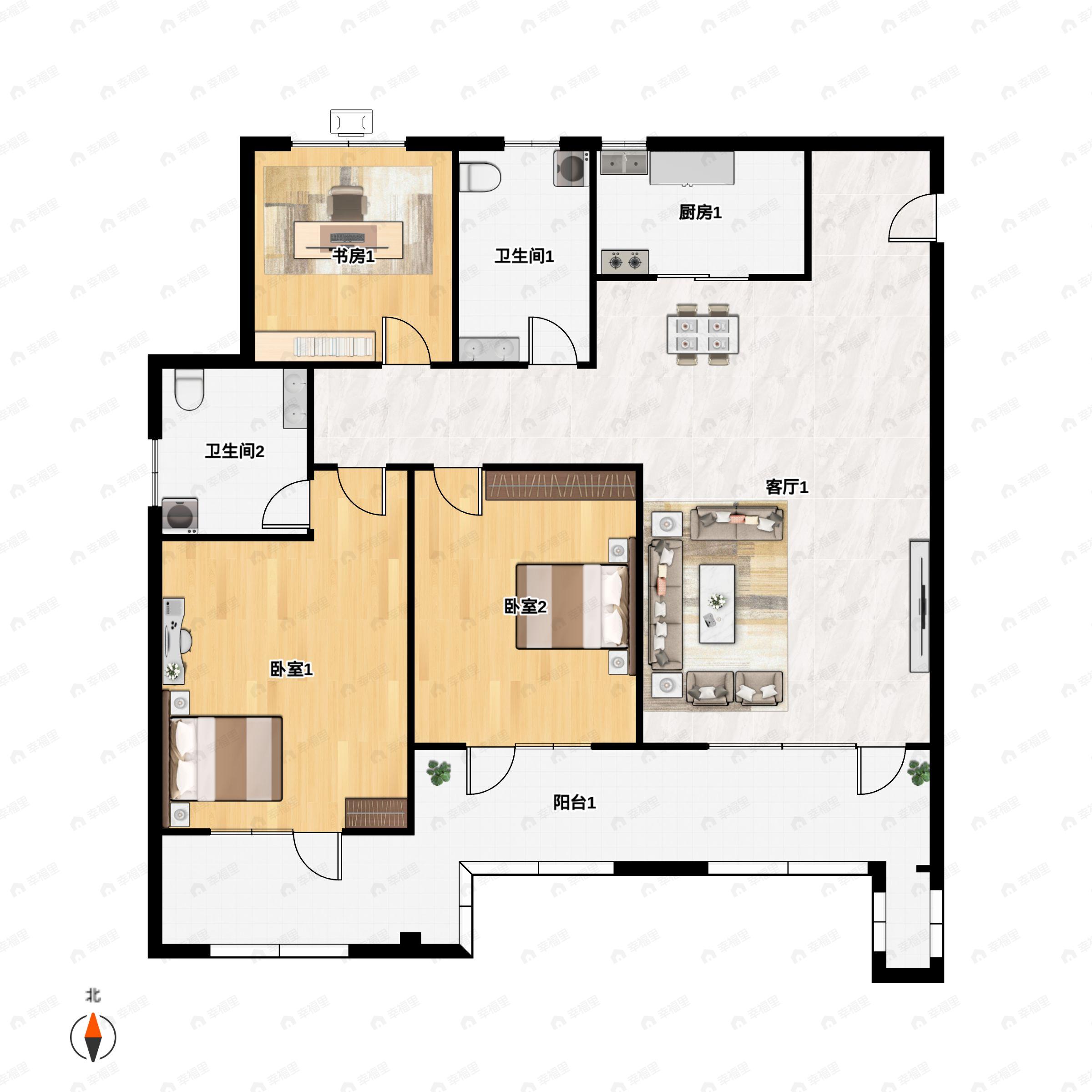 3室2厅2卫建面132平南|北户型图
