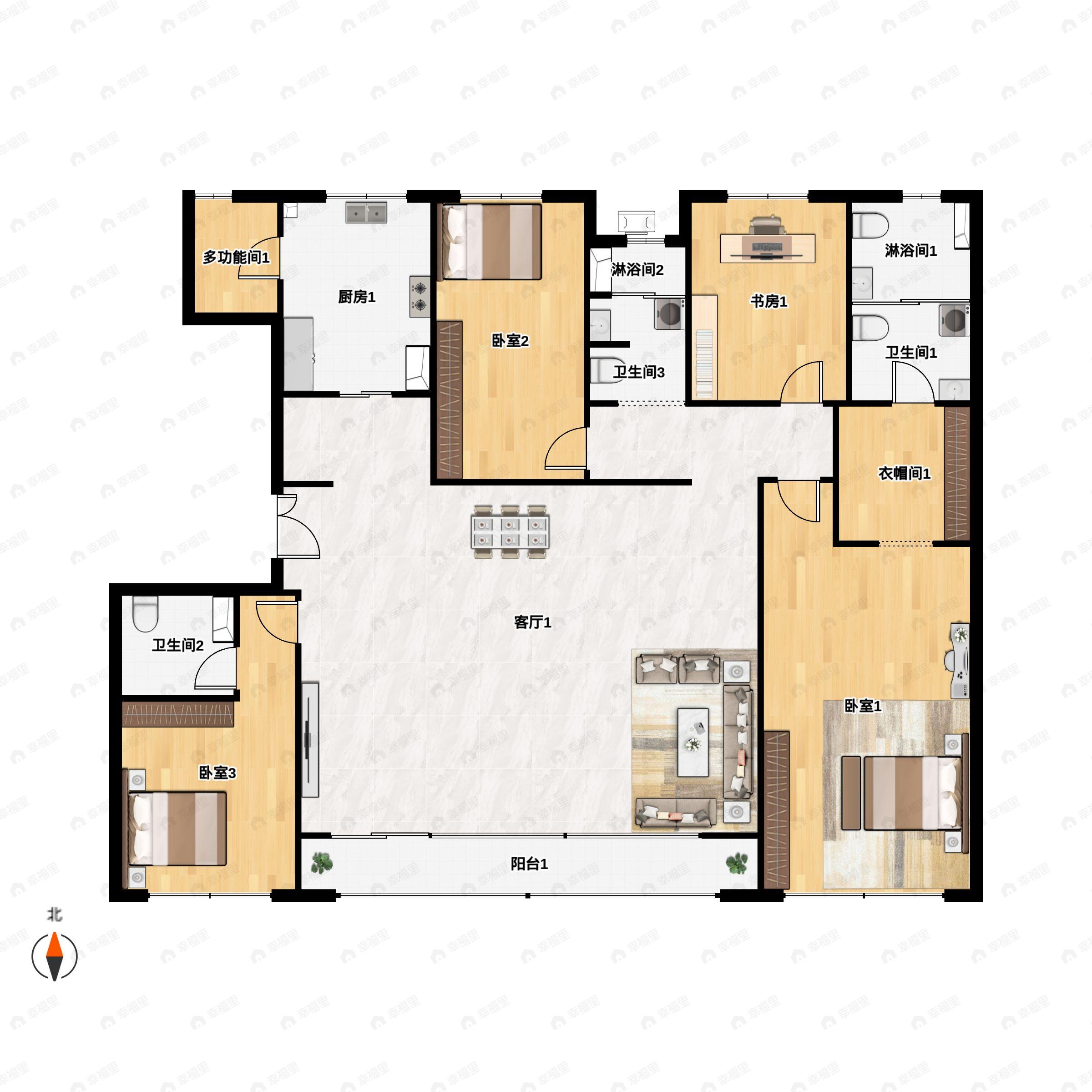 4室2厅3卫建面214m²北|南户型图