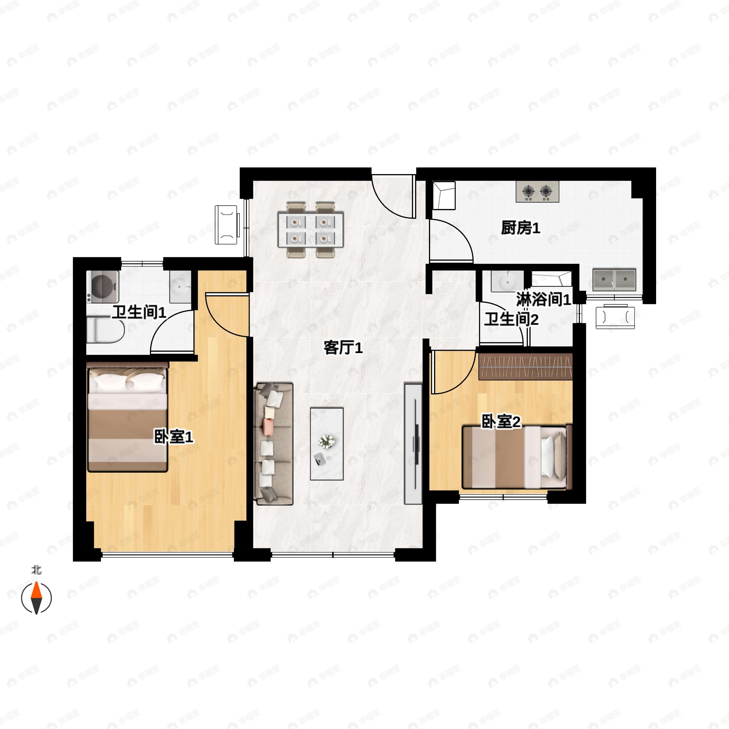 2室2厅2卫建面85m²西南户型图