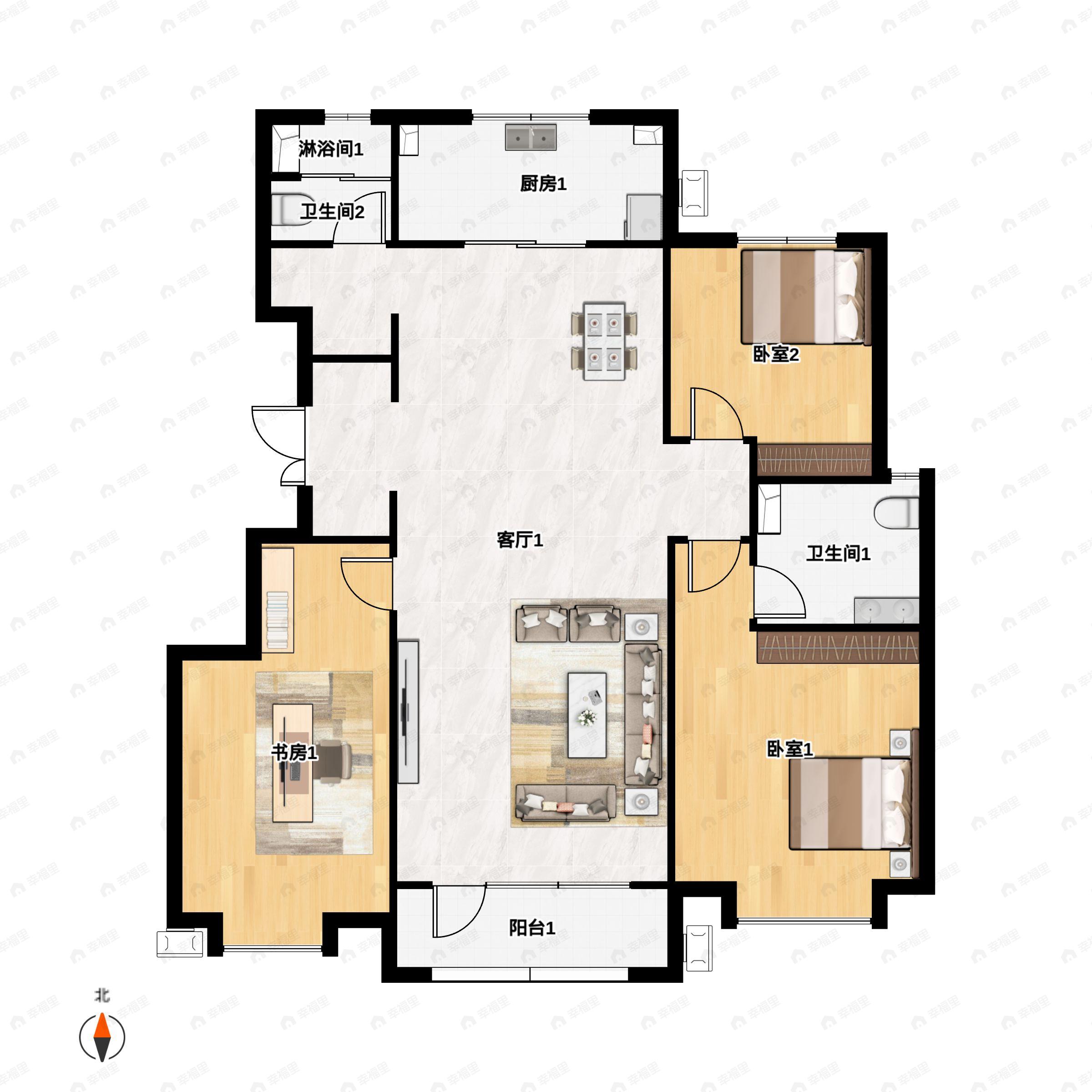 3室2厅2卫建面140m²南户型图
