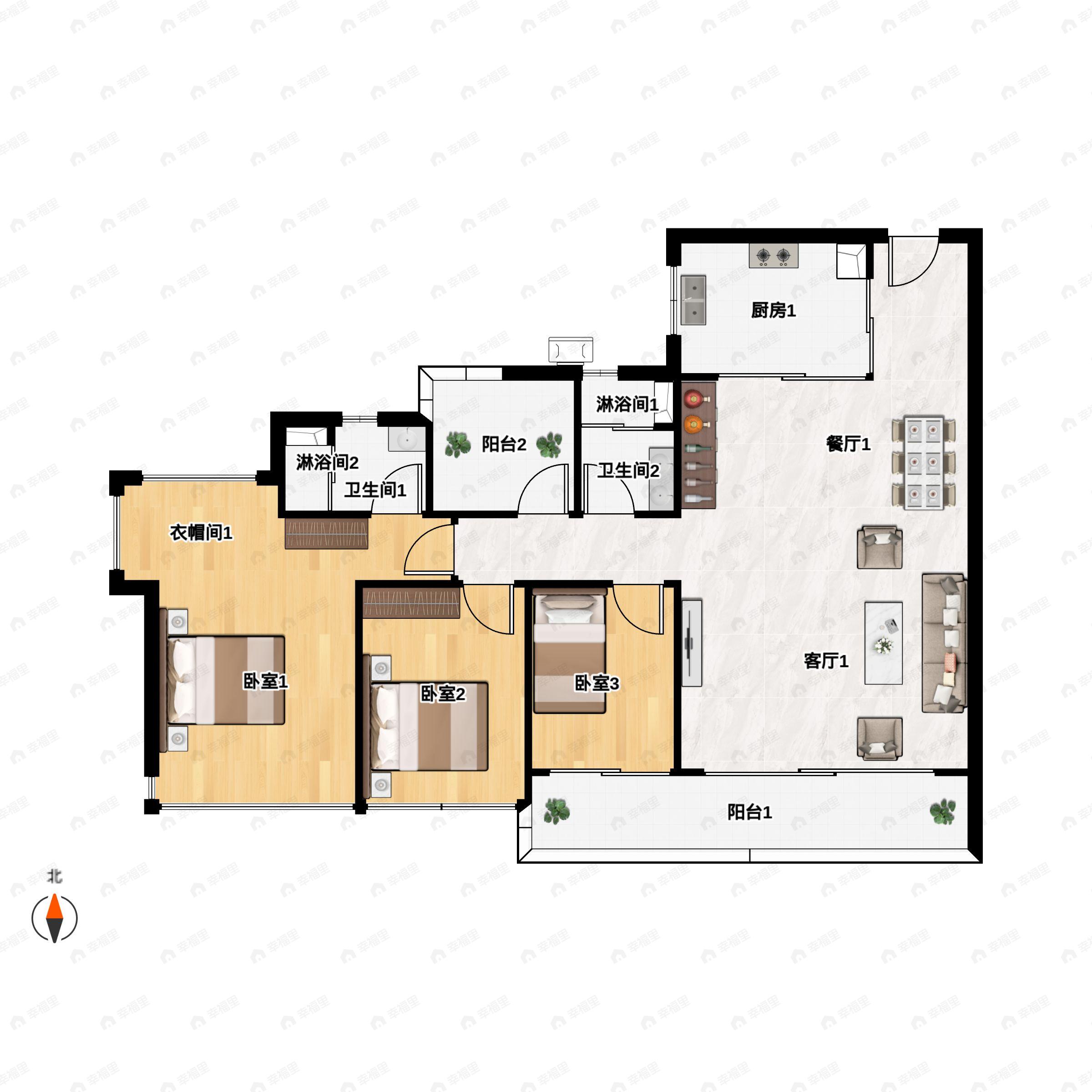 3室2厅2卫建面126平南户型图
