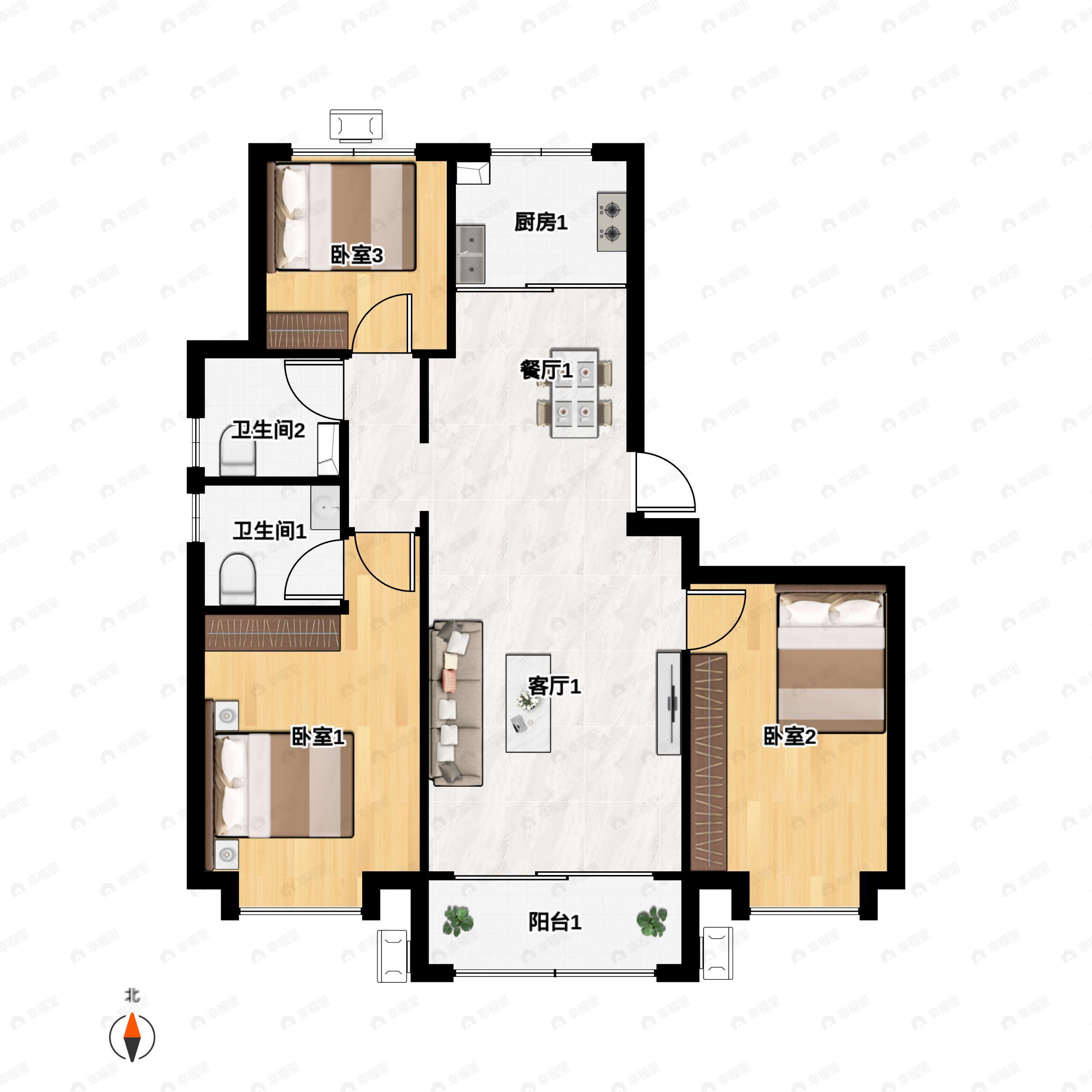 3室2厅2卫建面118m²南|北户型图