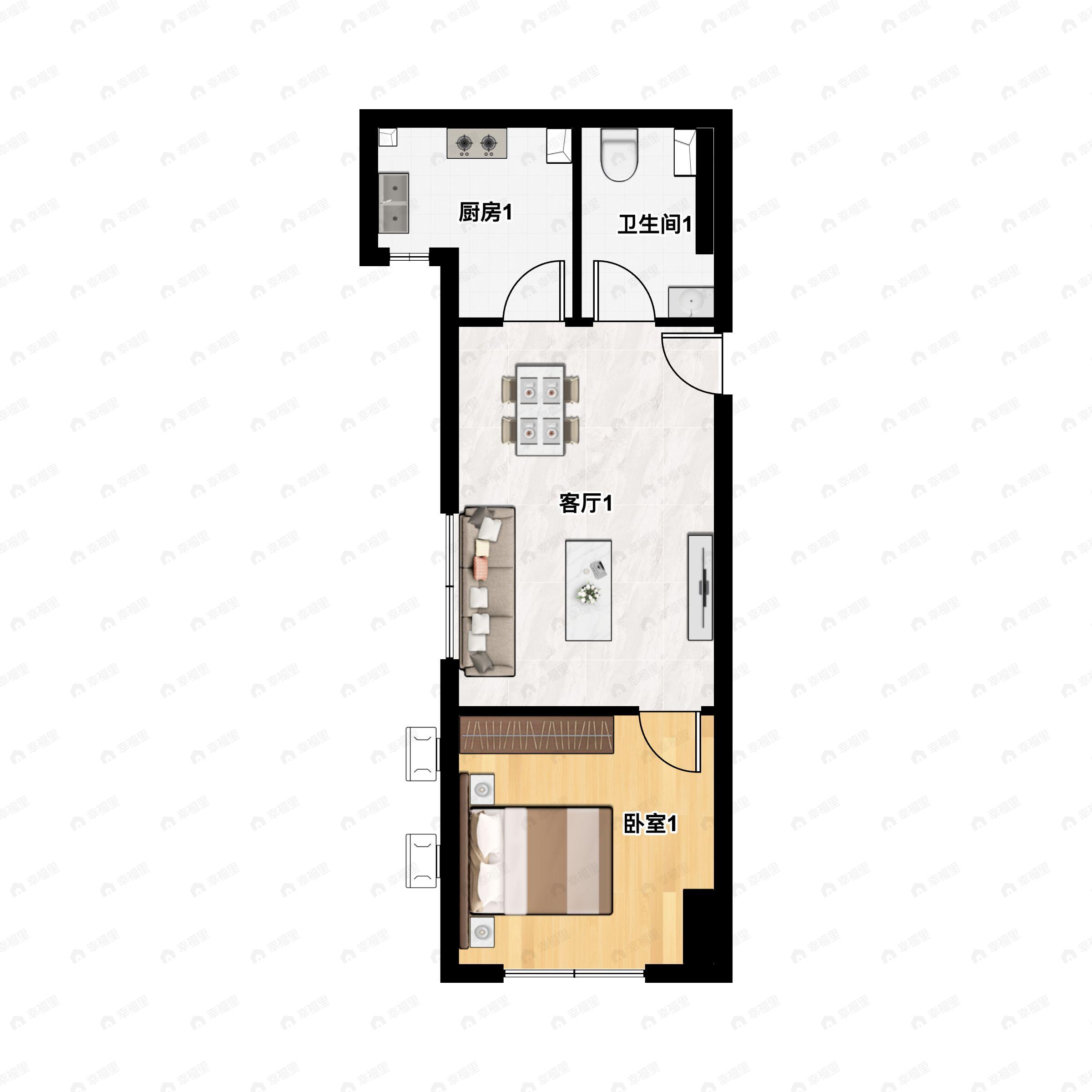 1室1厅1卫建面52m²西南户型图