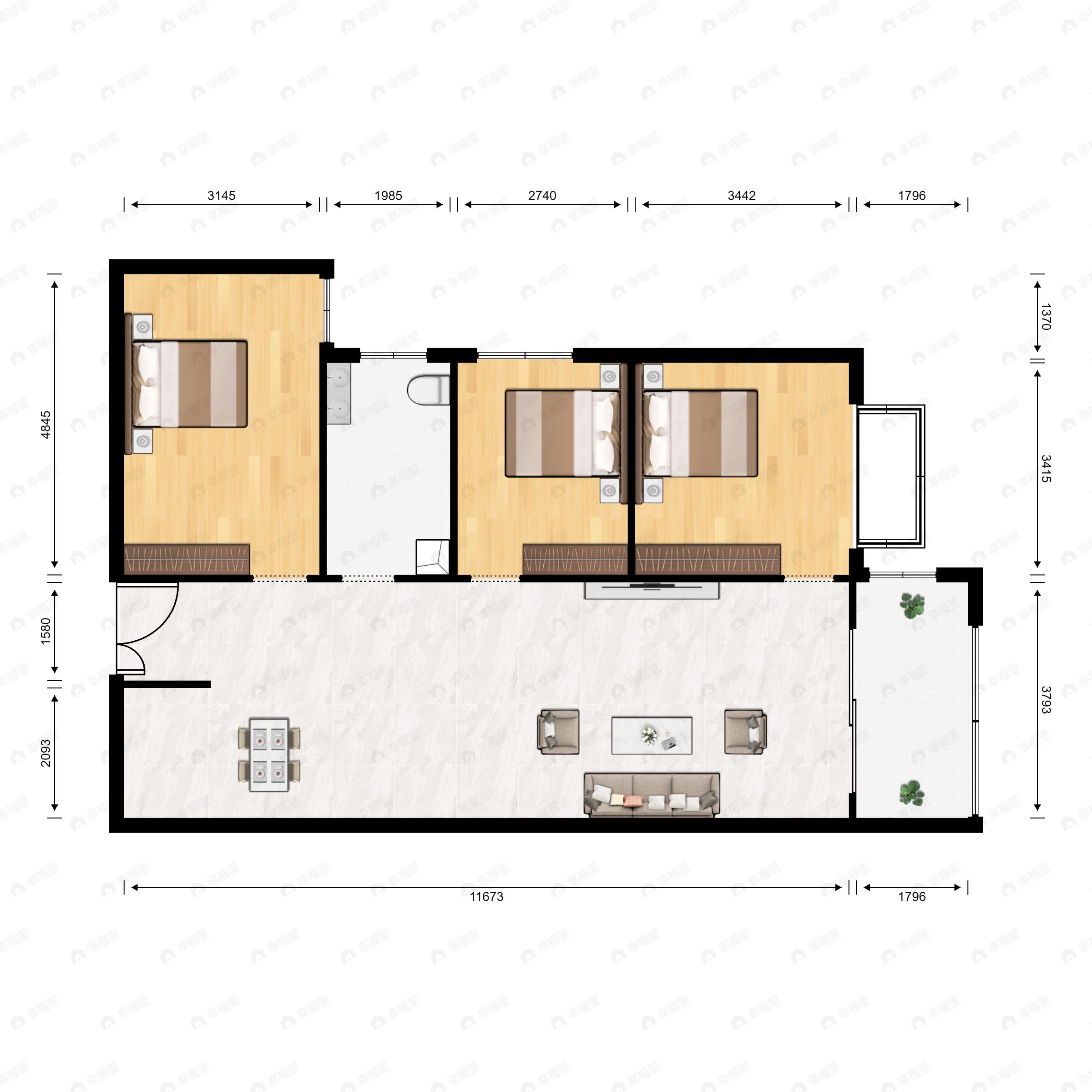 3室2厅1卫建面88m²东户型图