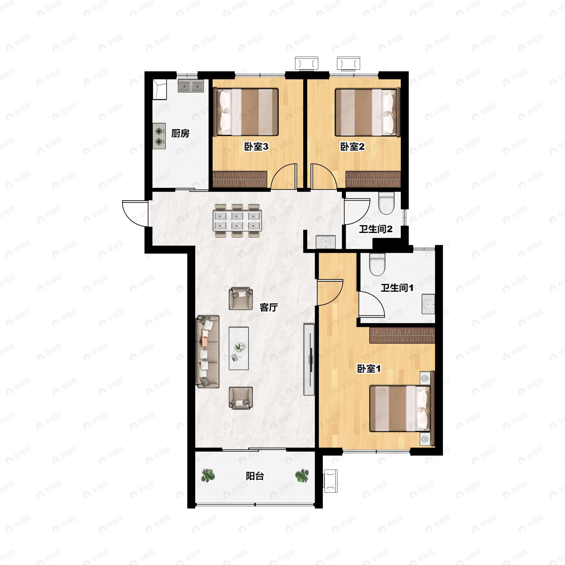 3室2厅2卫建面110m²北|南户型图