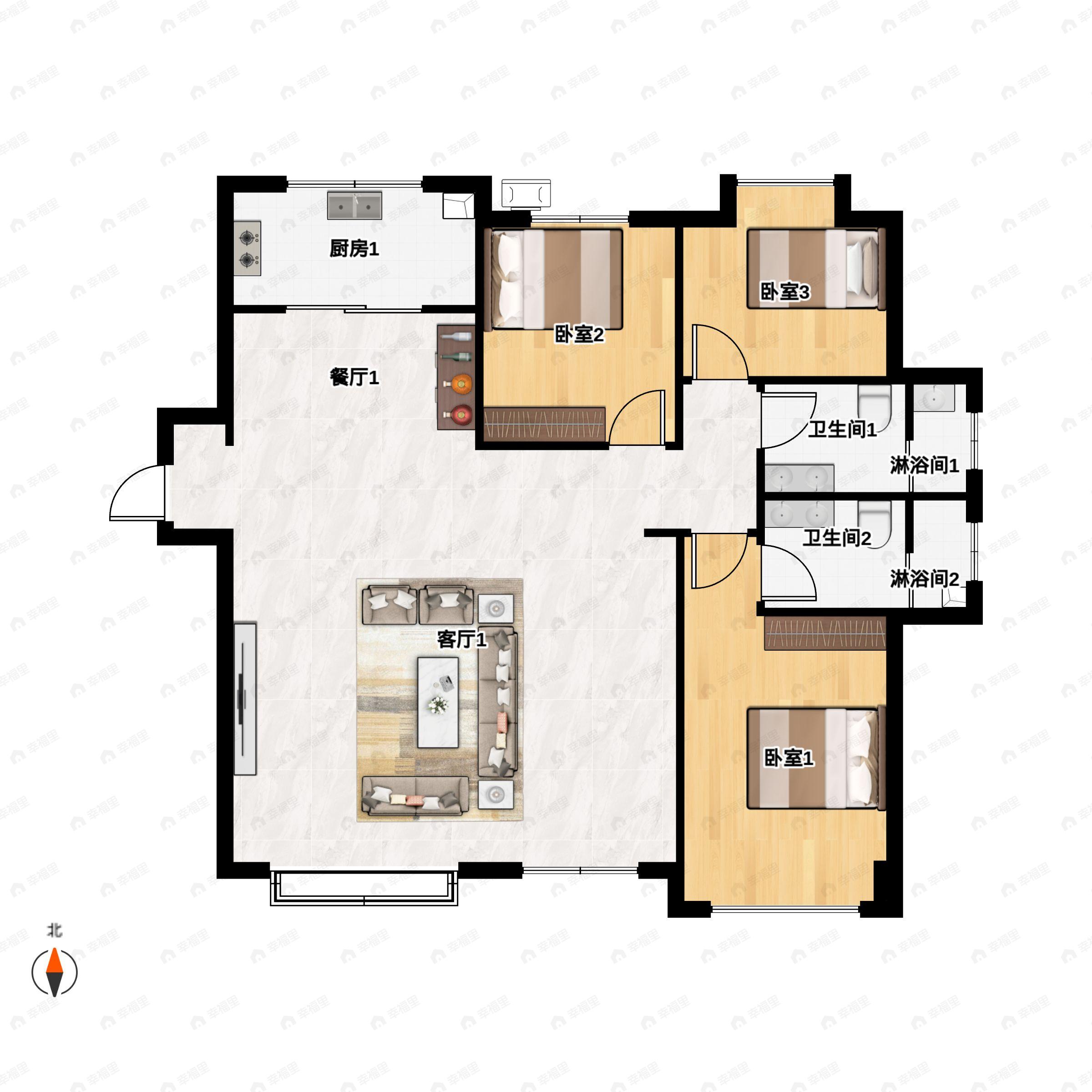 3室2厅2卫建面143平北|南户型图