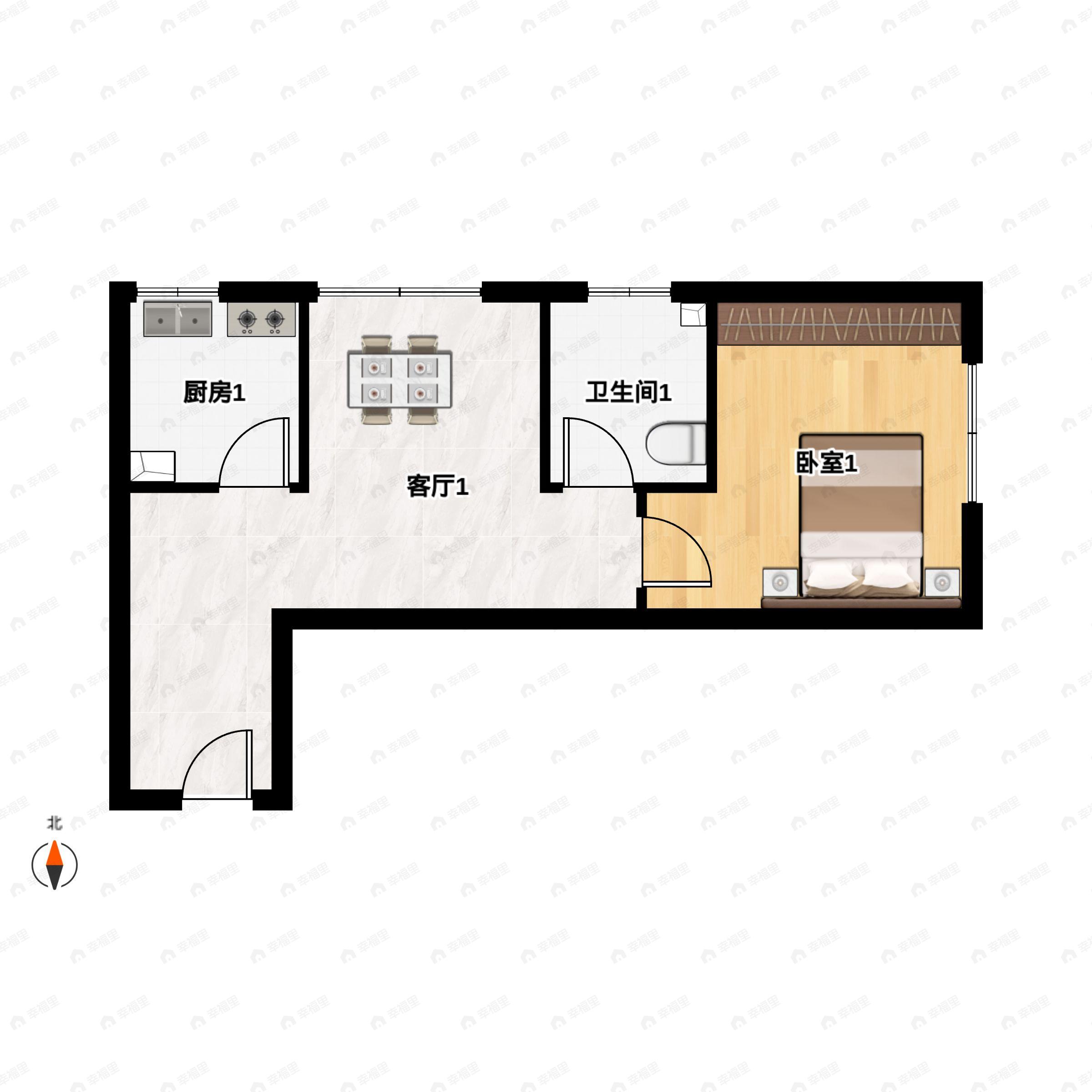 1室1厅1卫建面53平北户型图