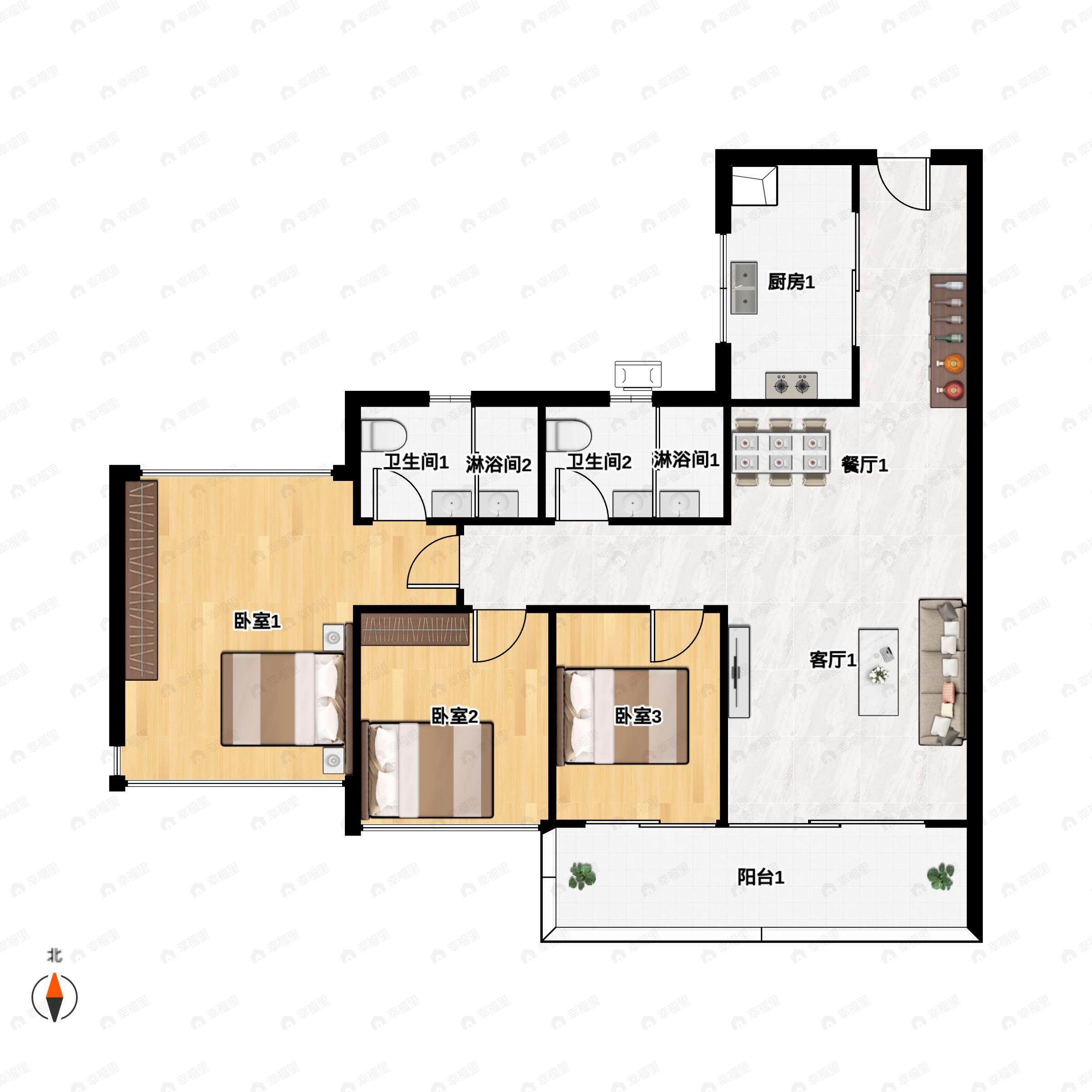 2室2厅2卫建面87m²东南|西南户型图