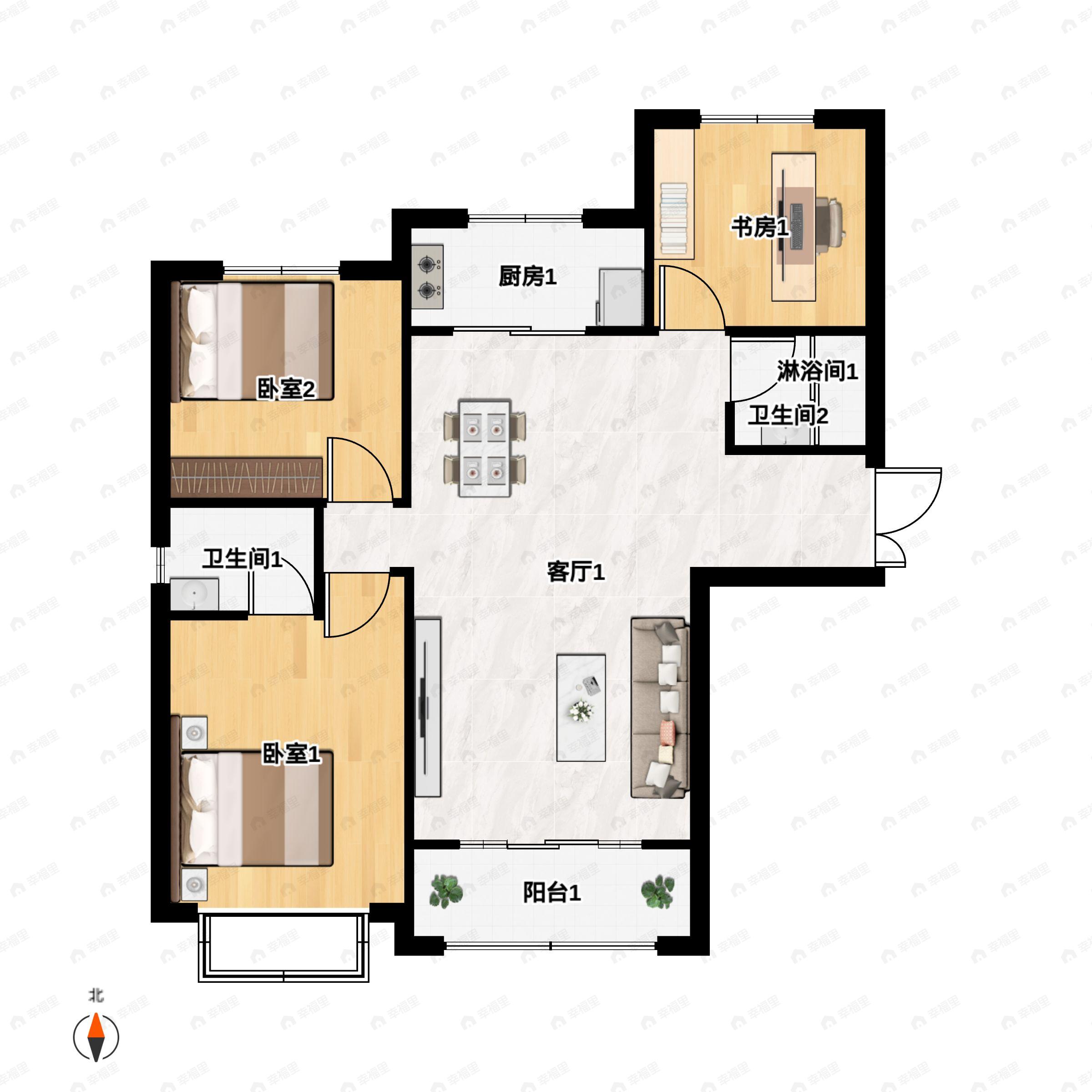 3室2厅2卫建面130平南|北户型图