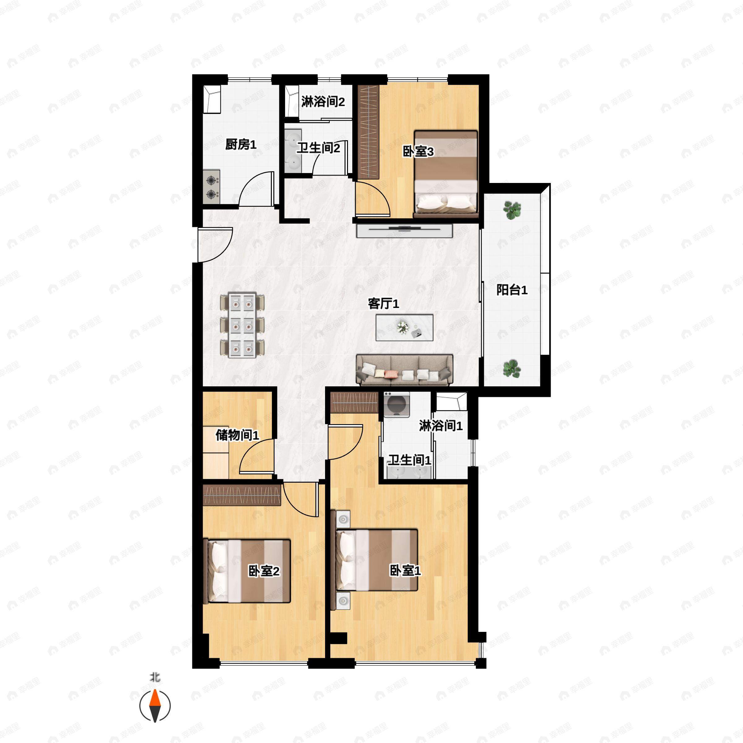 3室2厅2卫建面115m²南|北户型图