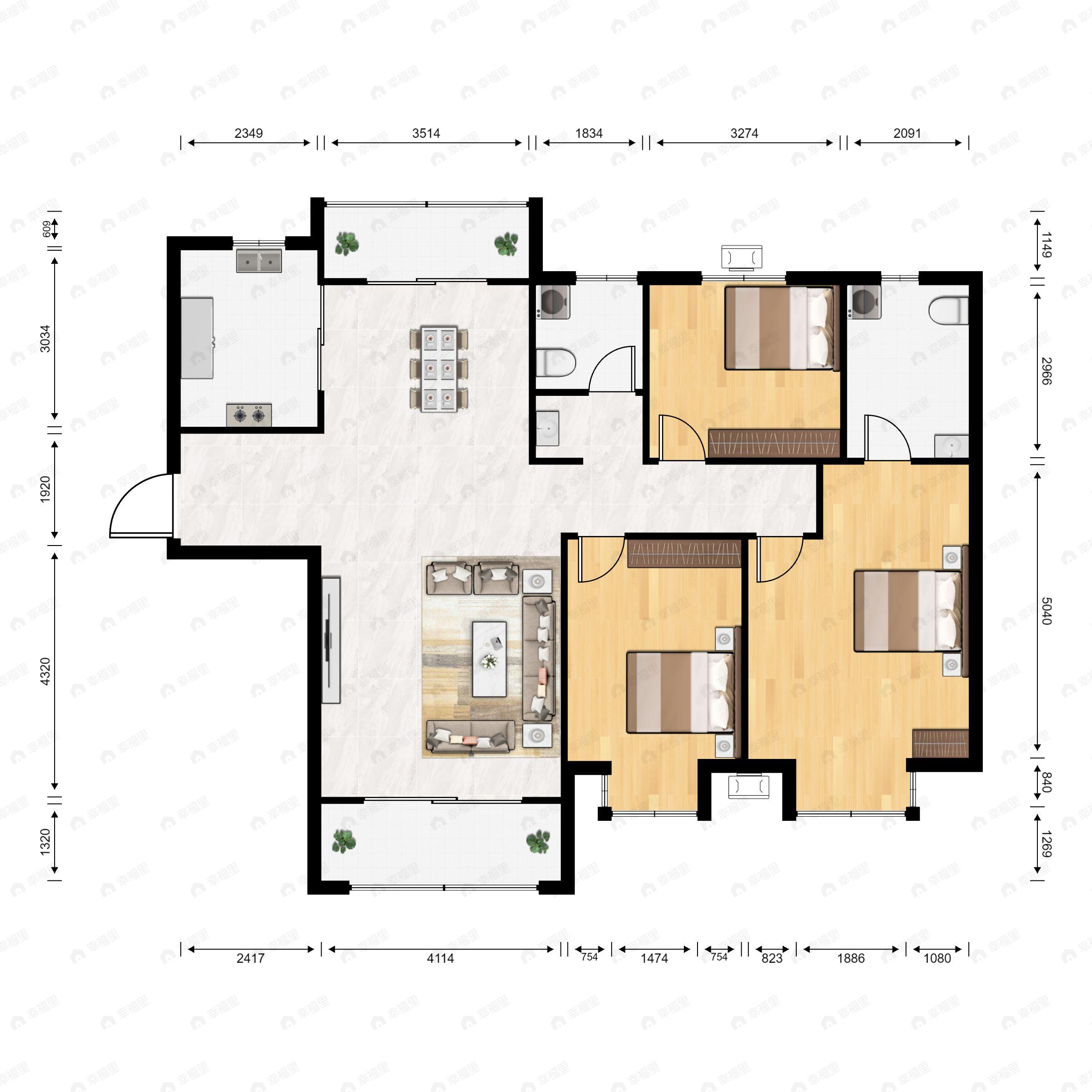3室2厅2卫建面147m²北|南户型图