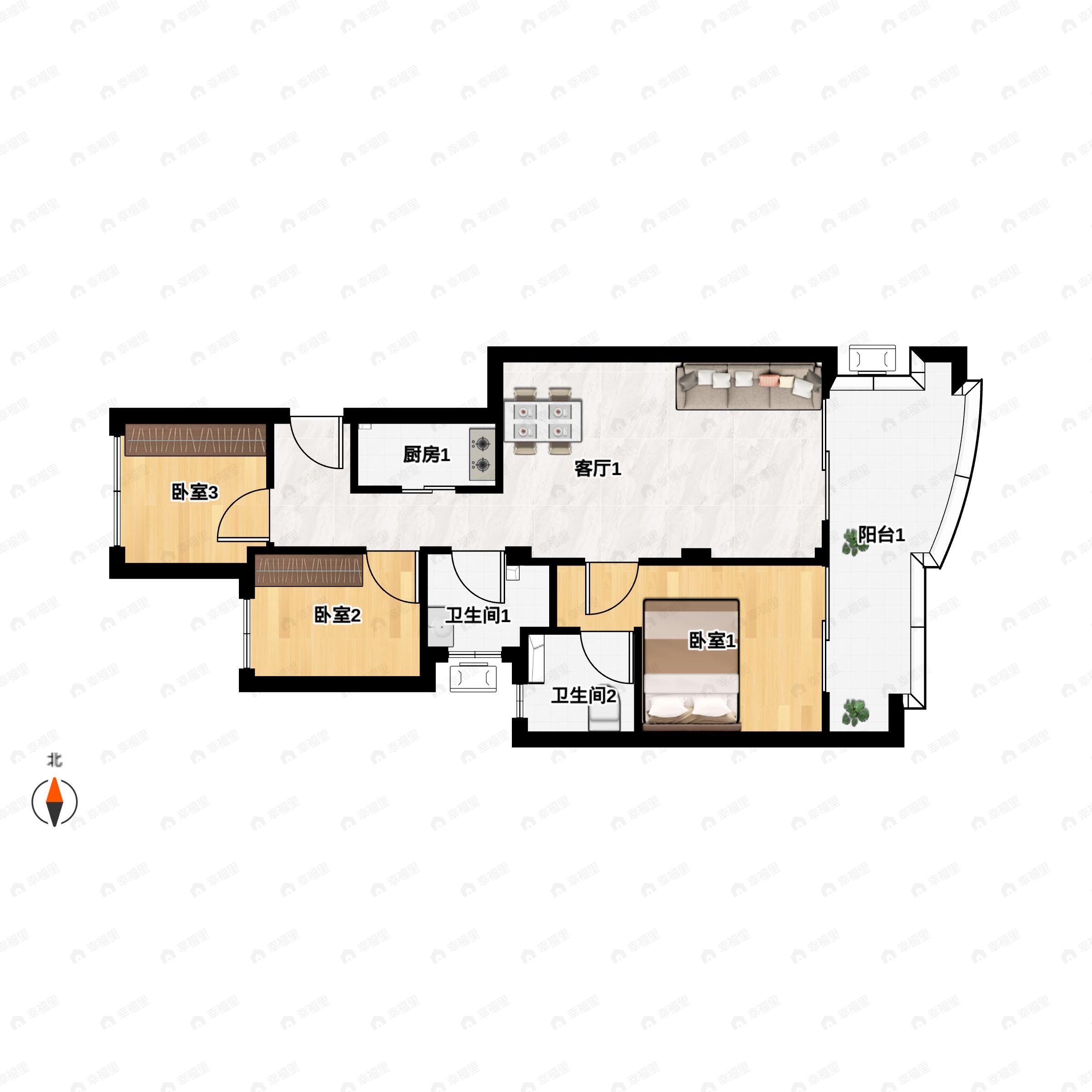 3室2厅2卫建面115平南|北|西|东户型图