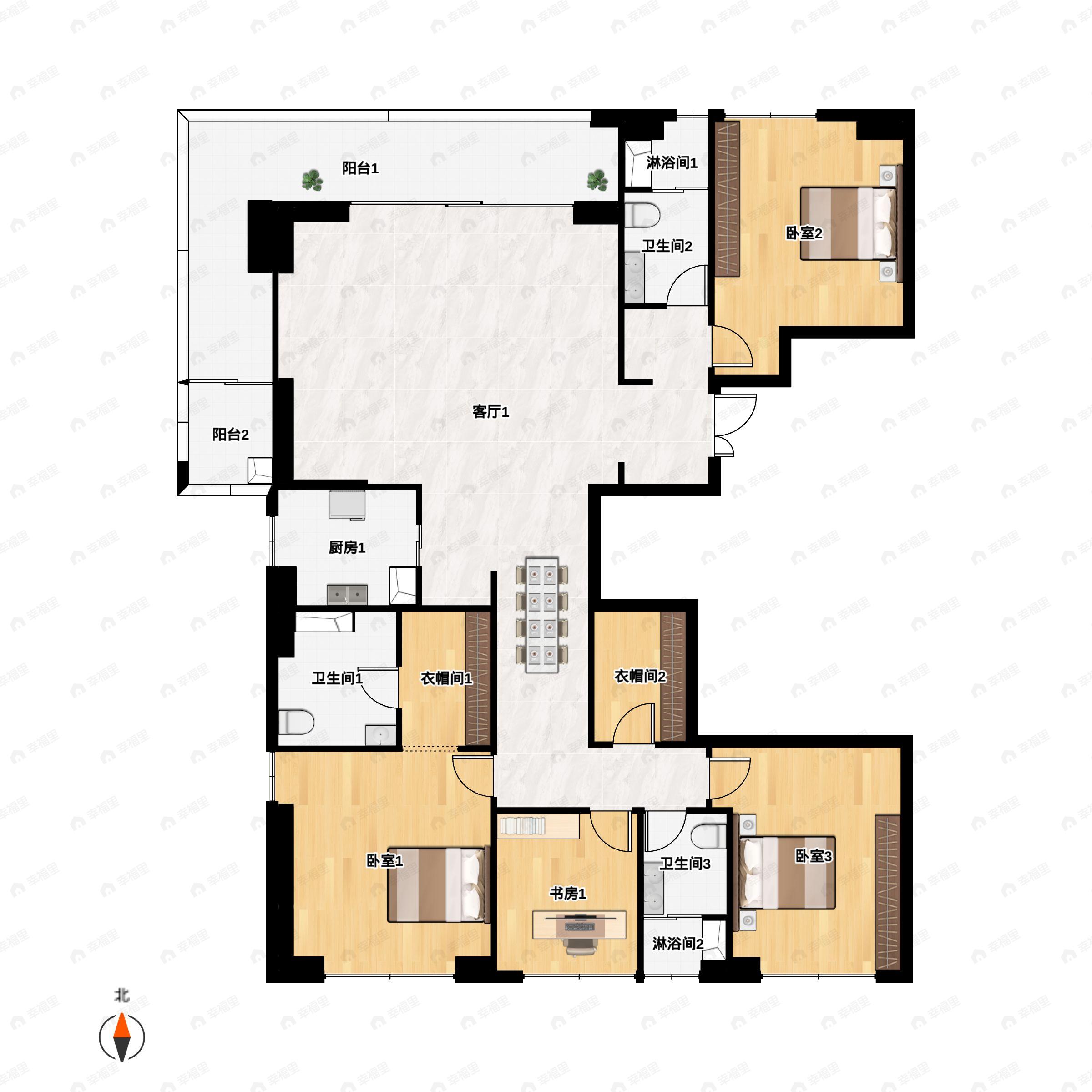 4室2厅3卫建面240平北|南户型图