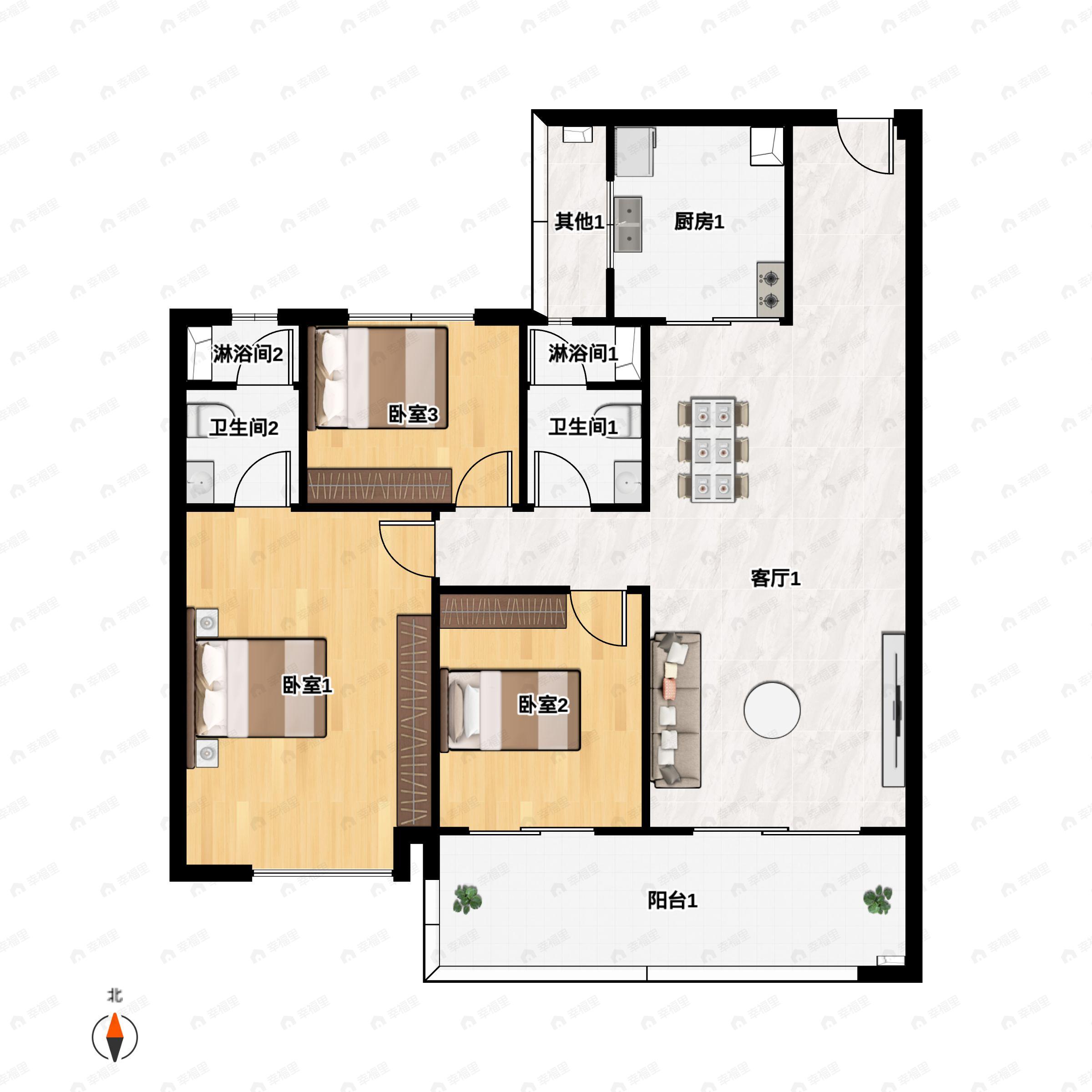 3室2厅2卫建面120m²南户型图