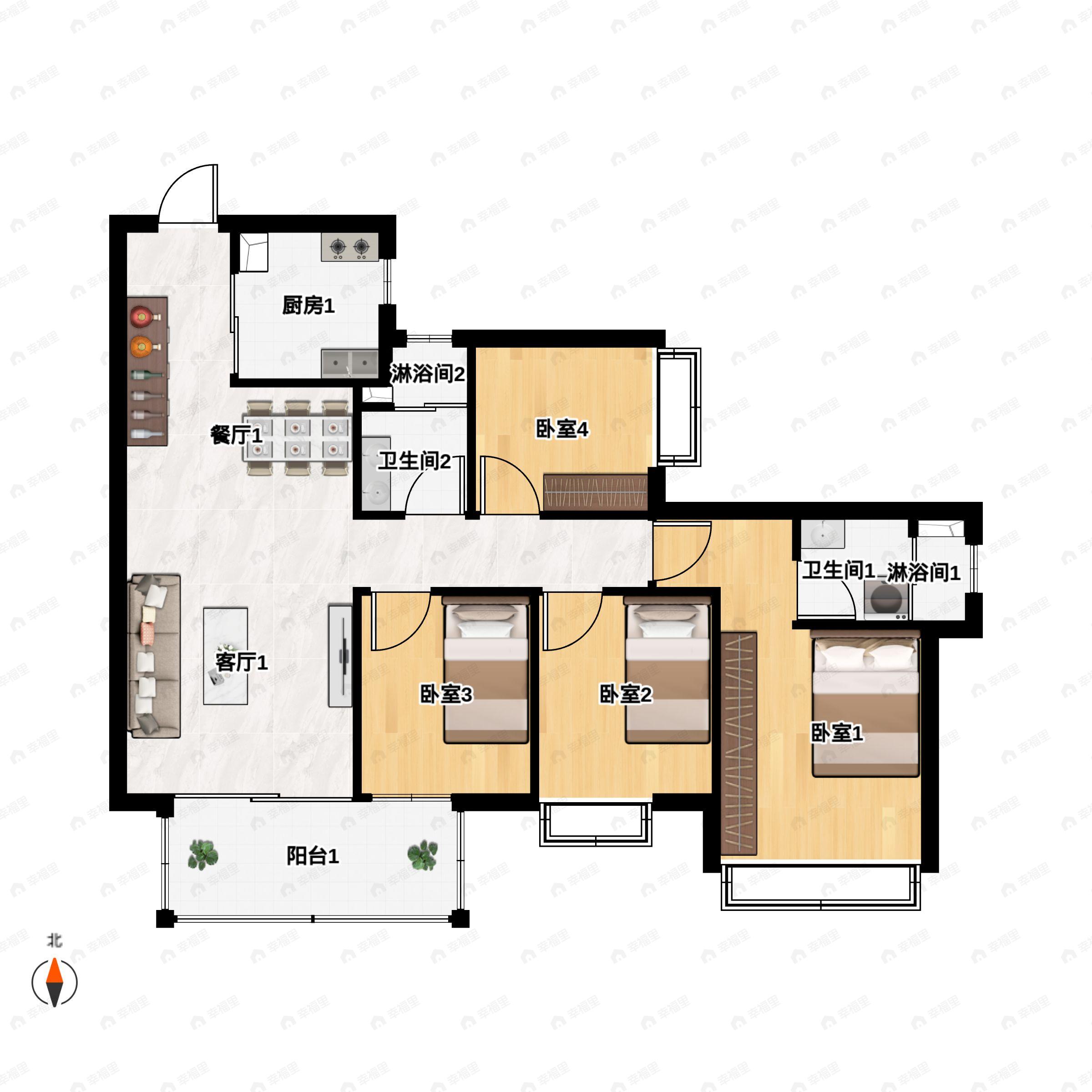 4室2厅2卫建面107平户型图