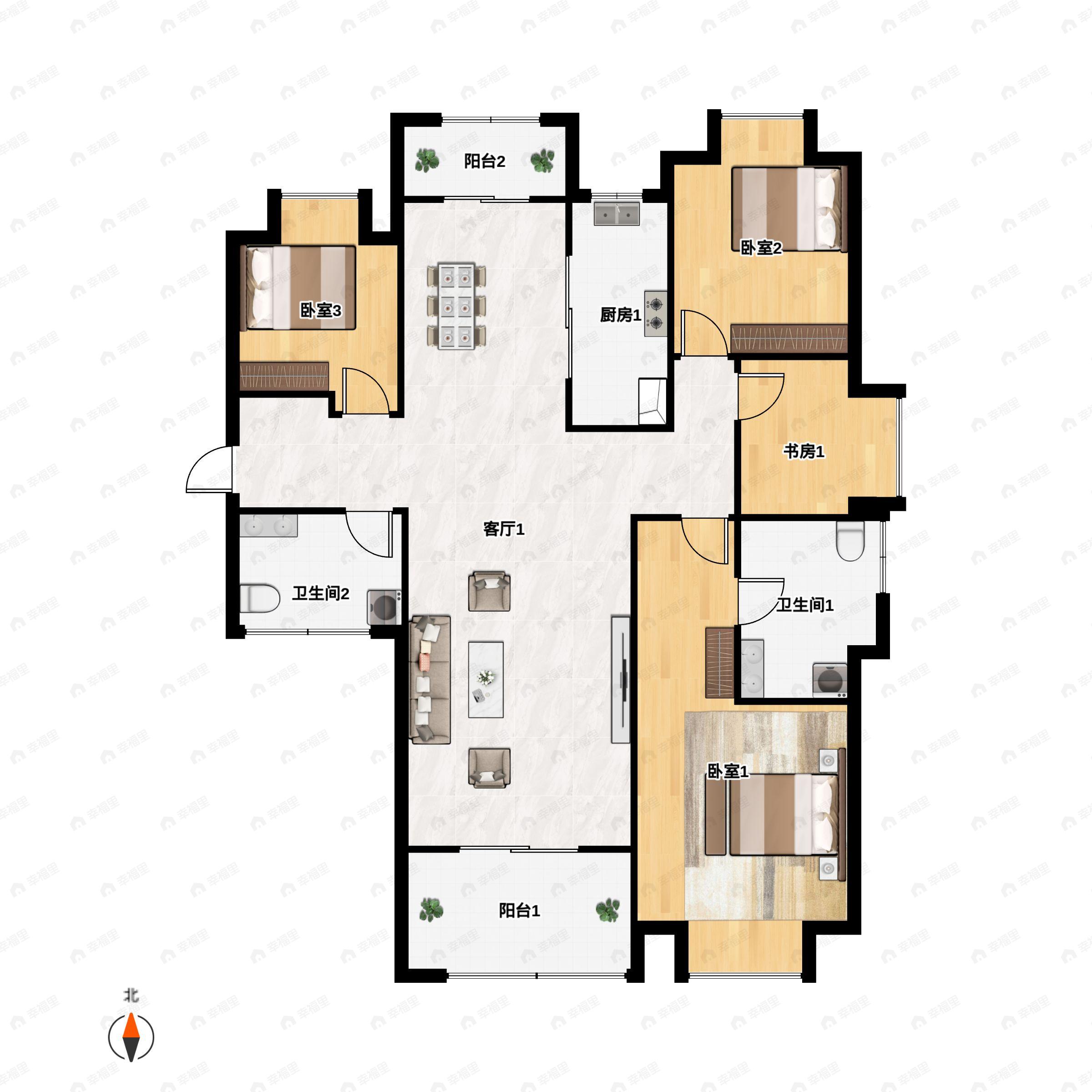 4室2厅2卫建面141平北|南户型图