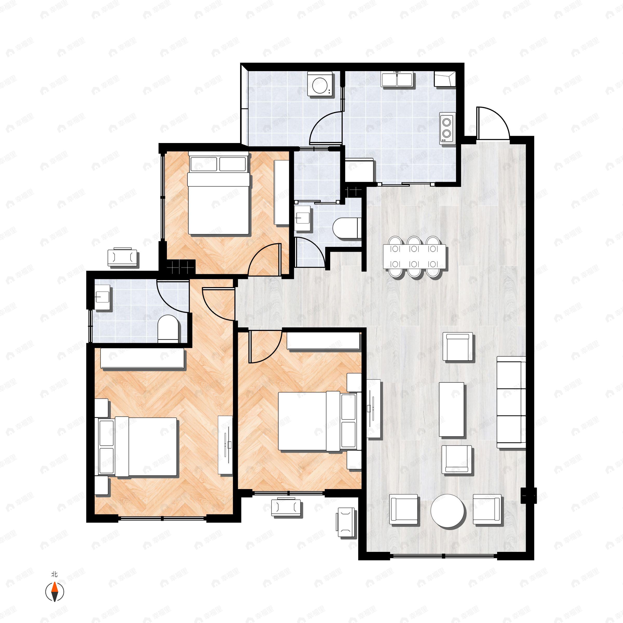 3室2厅2卫建面98平西|东|南|北户型图