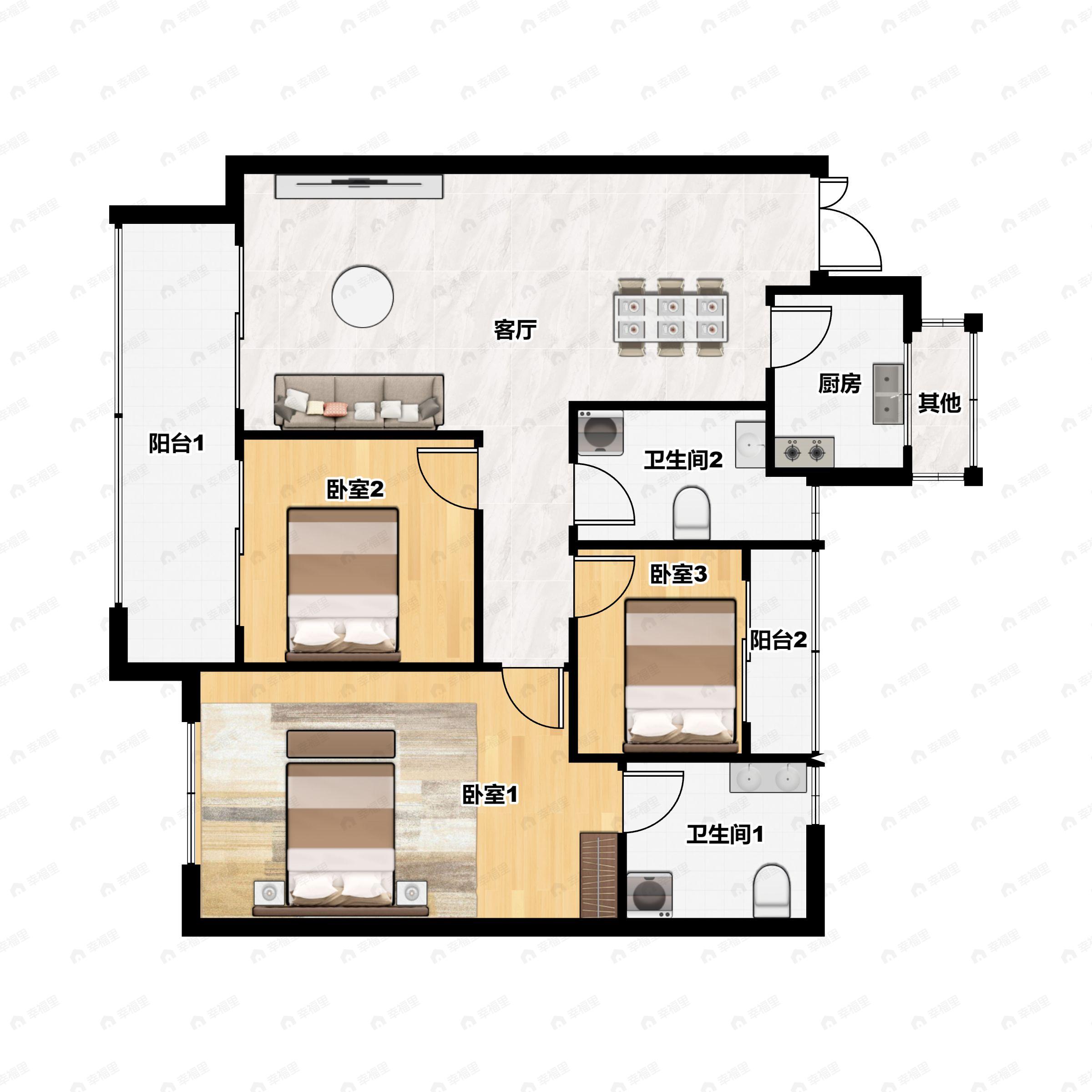 3室2厅2卫建面93m²南户型图
