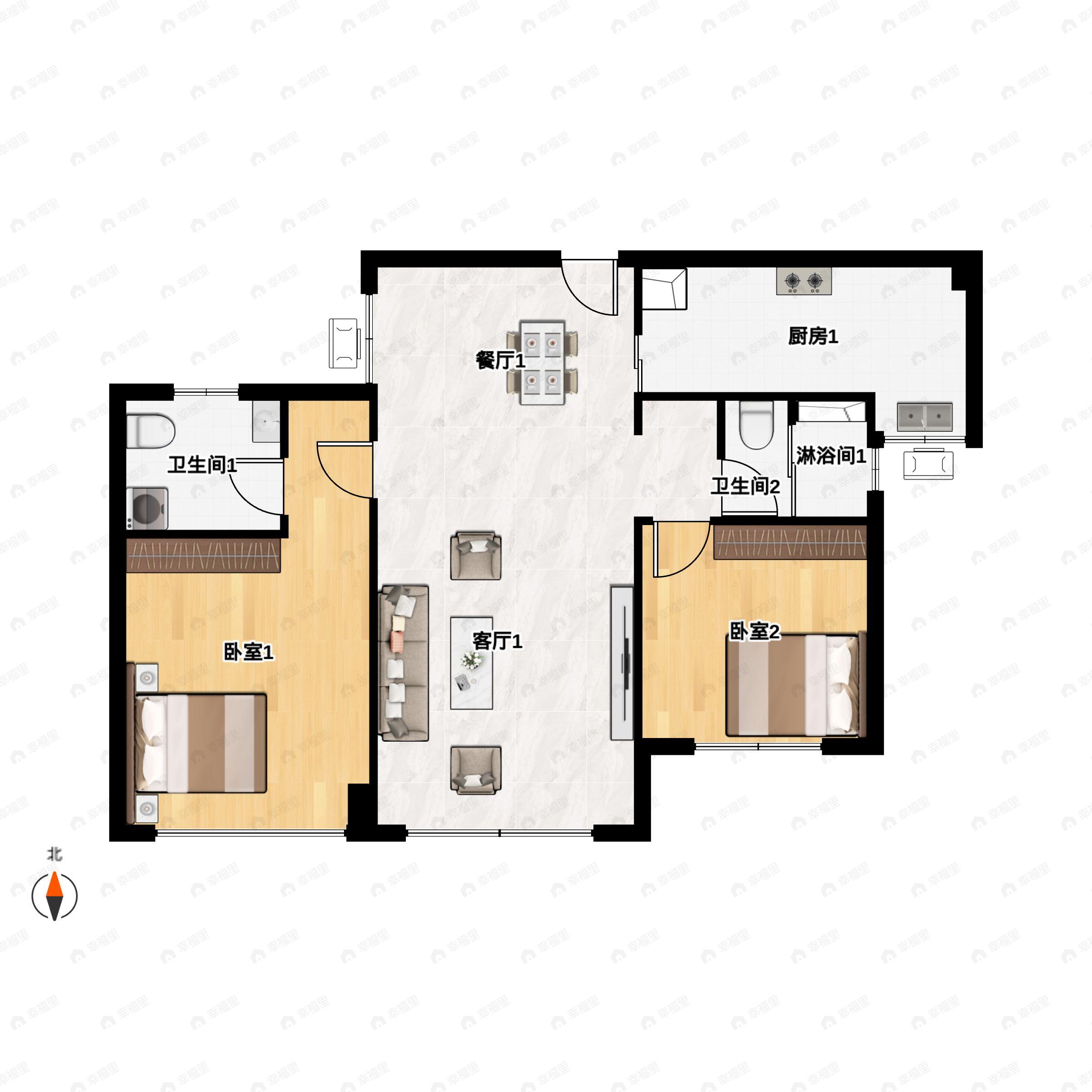 2室2厅2卫建面85m²东南户型图