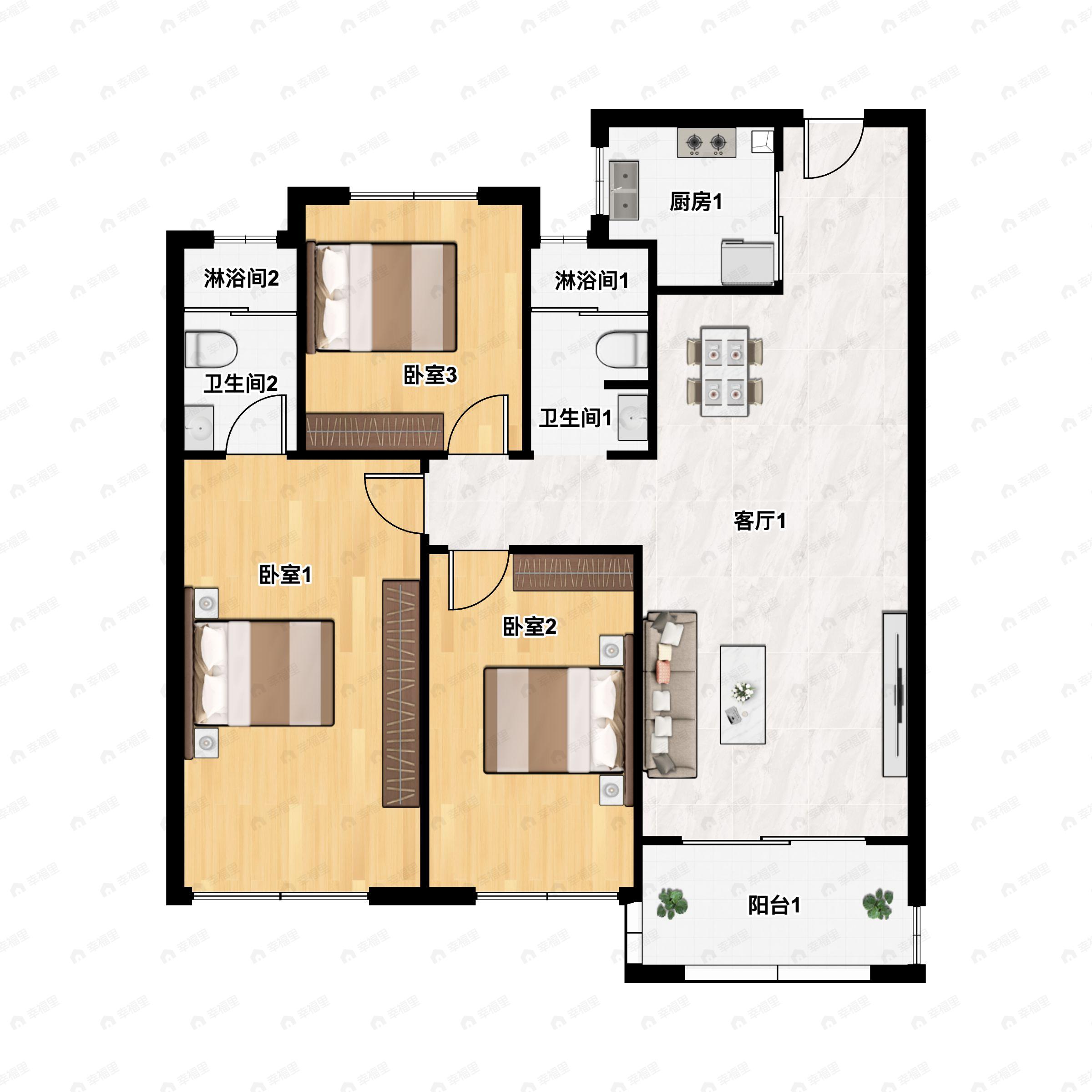 3室2厅2卫建面127平北|南户型图