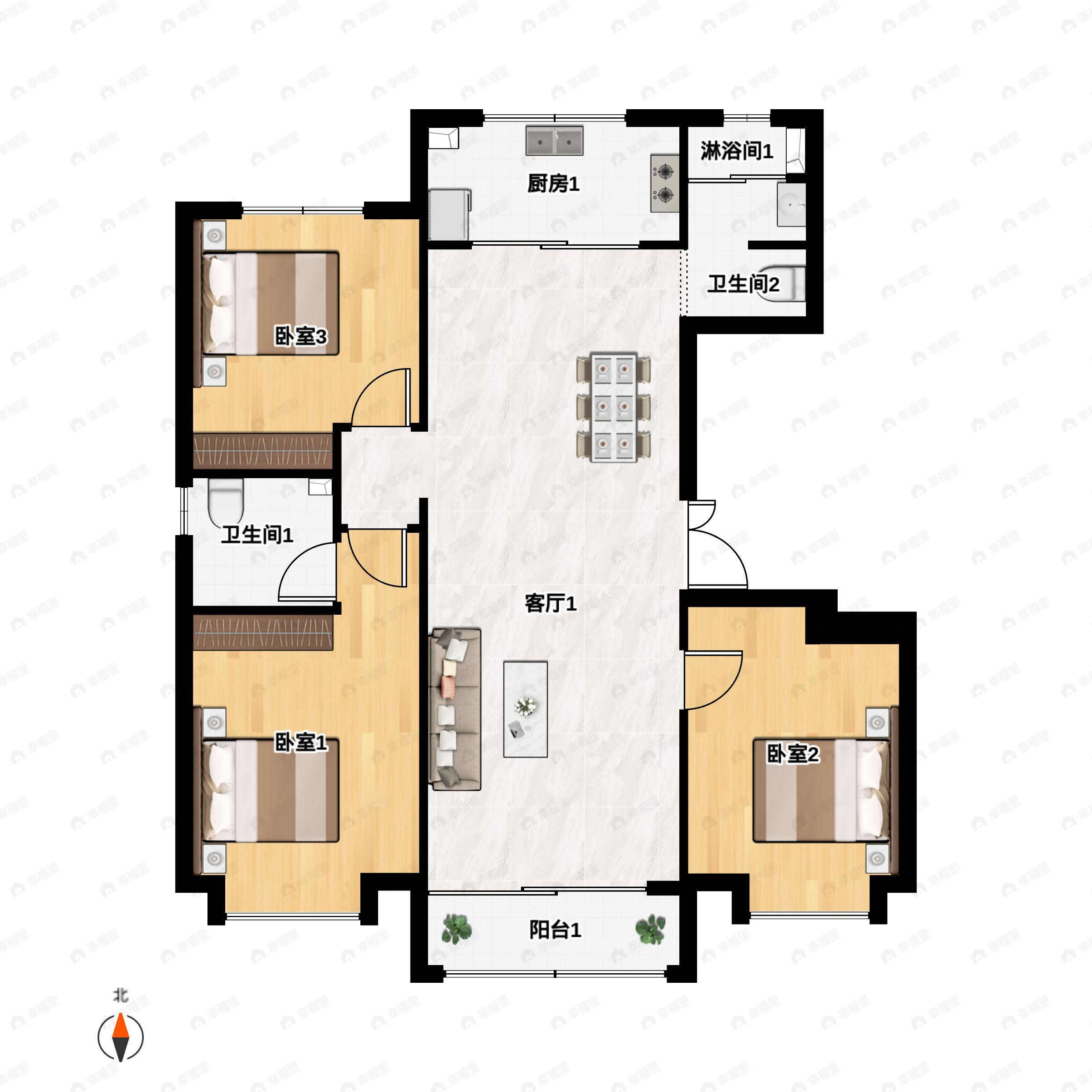 3室2厅2卫建面129m²北|南户型图