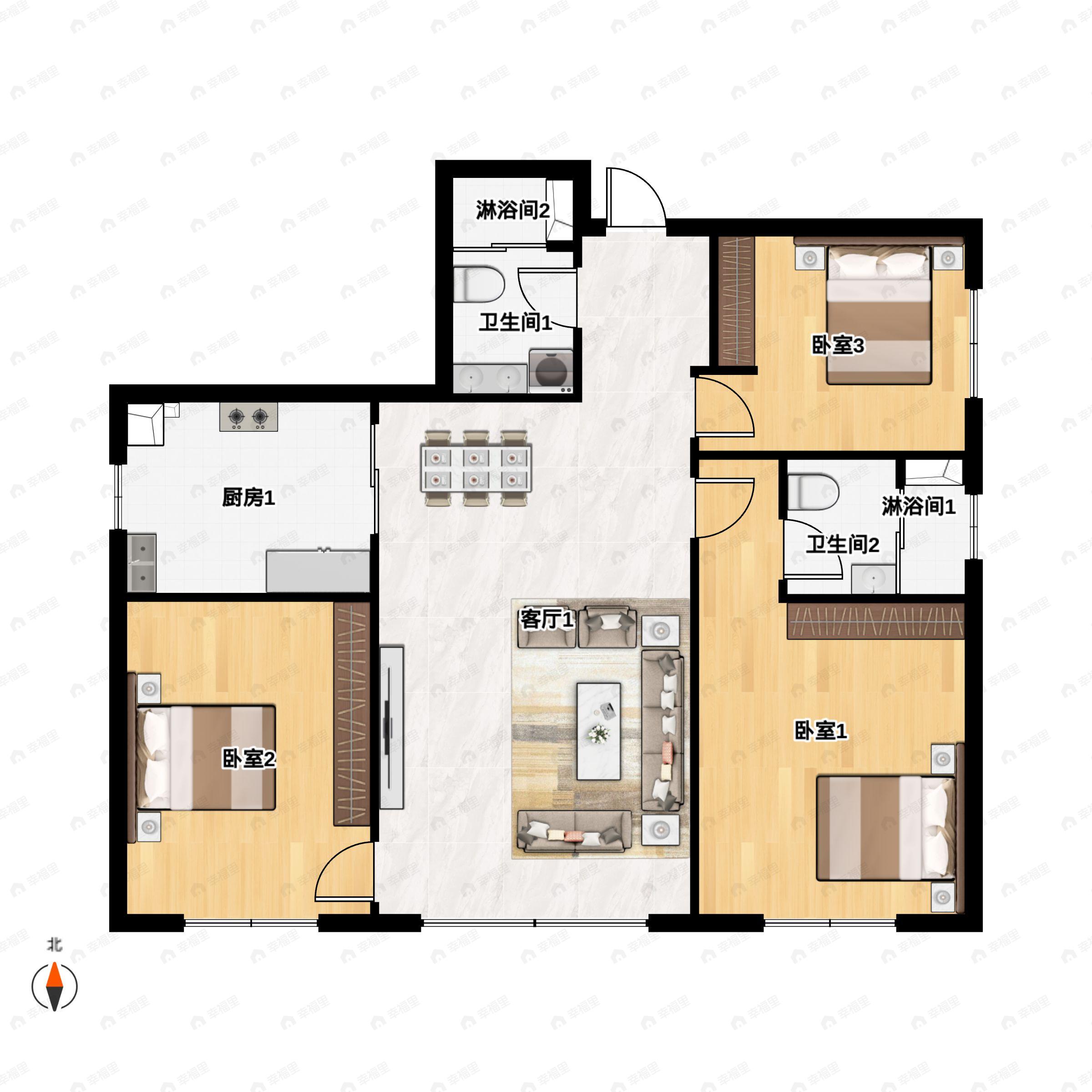 3室2厅2卫建面134平户型图
