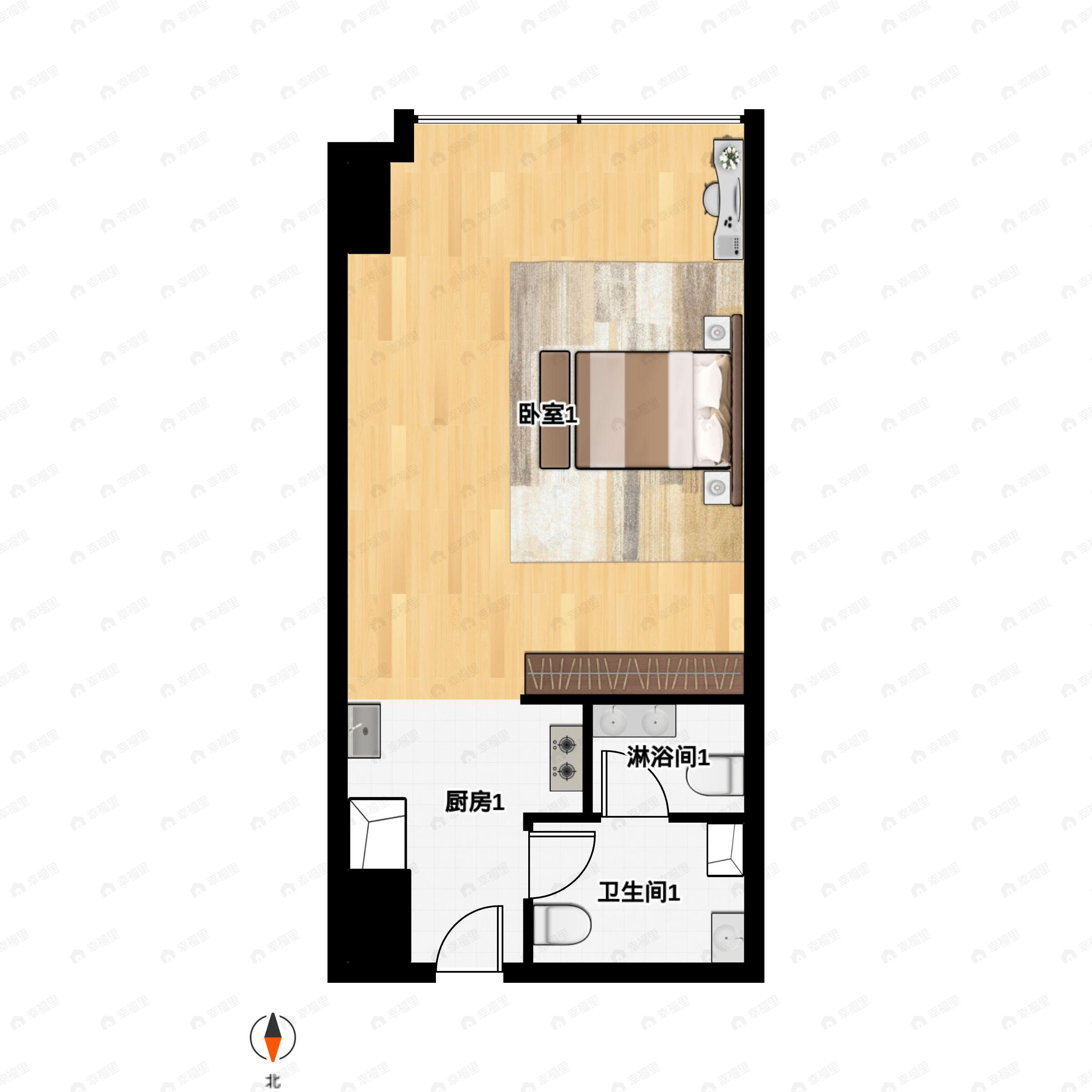 1室1厅1卫建面46m²南户型图