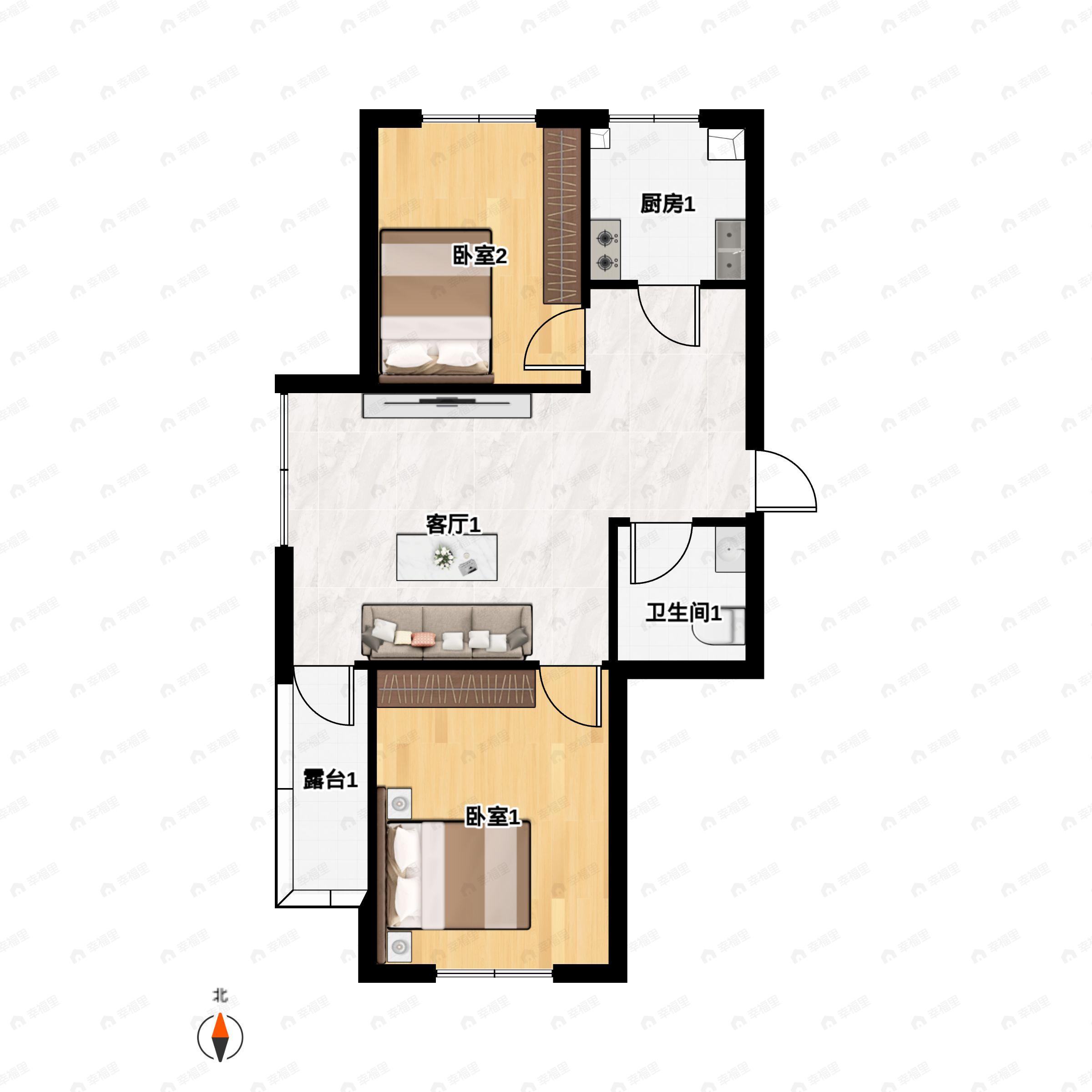 2室2厅1卫建面72平南户型图