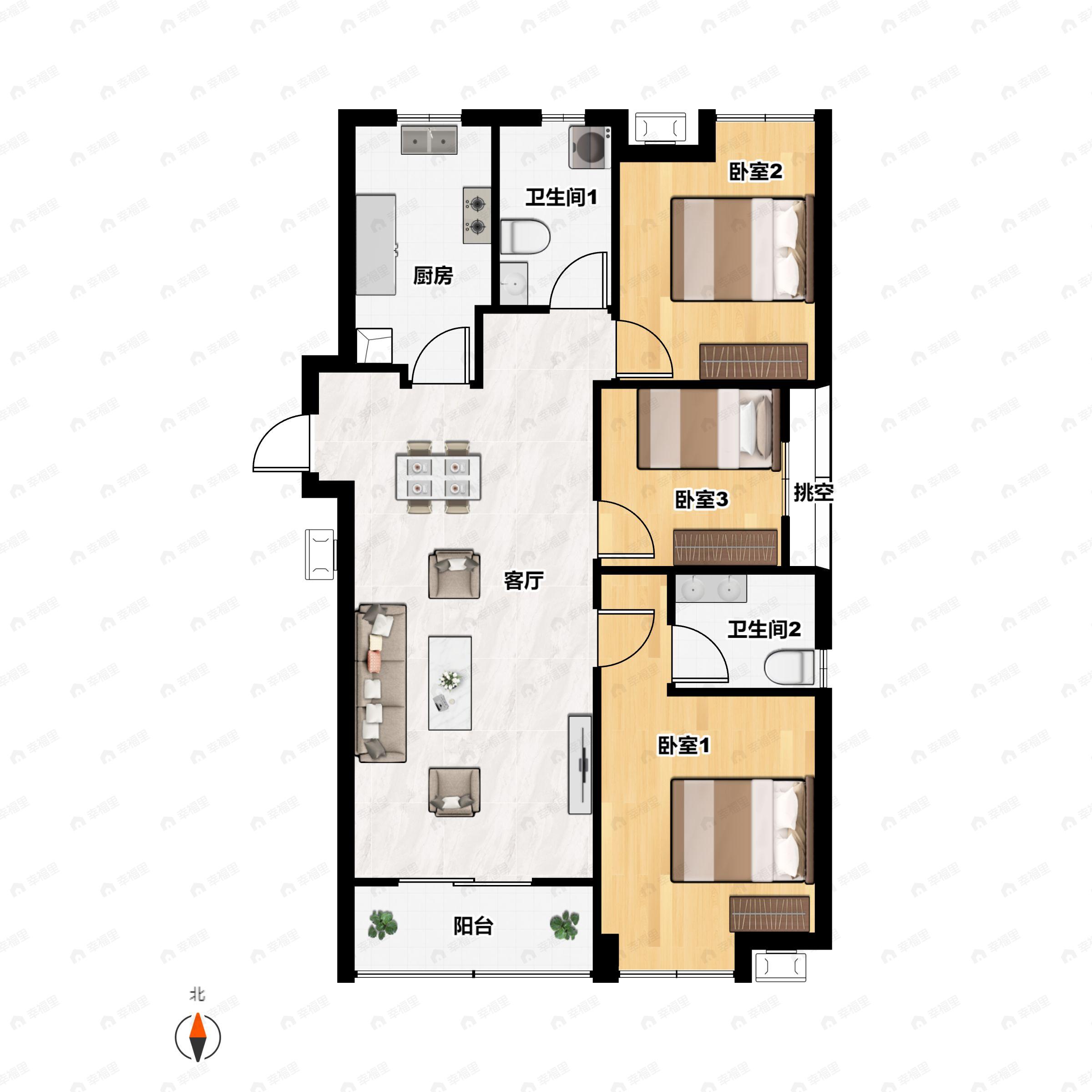 3室2厅2卫建面122平户型图