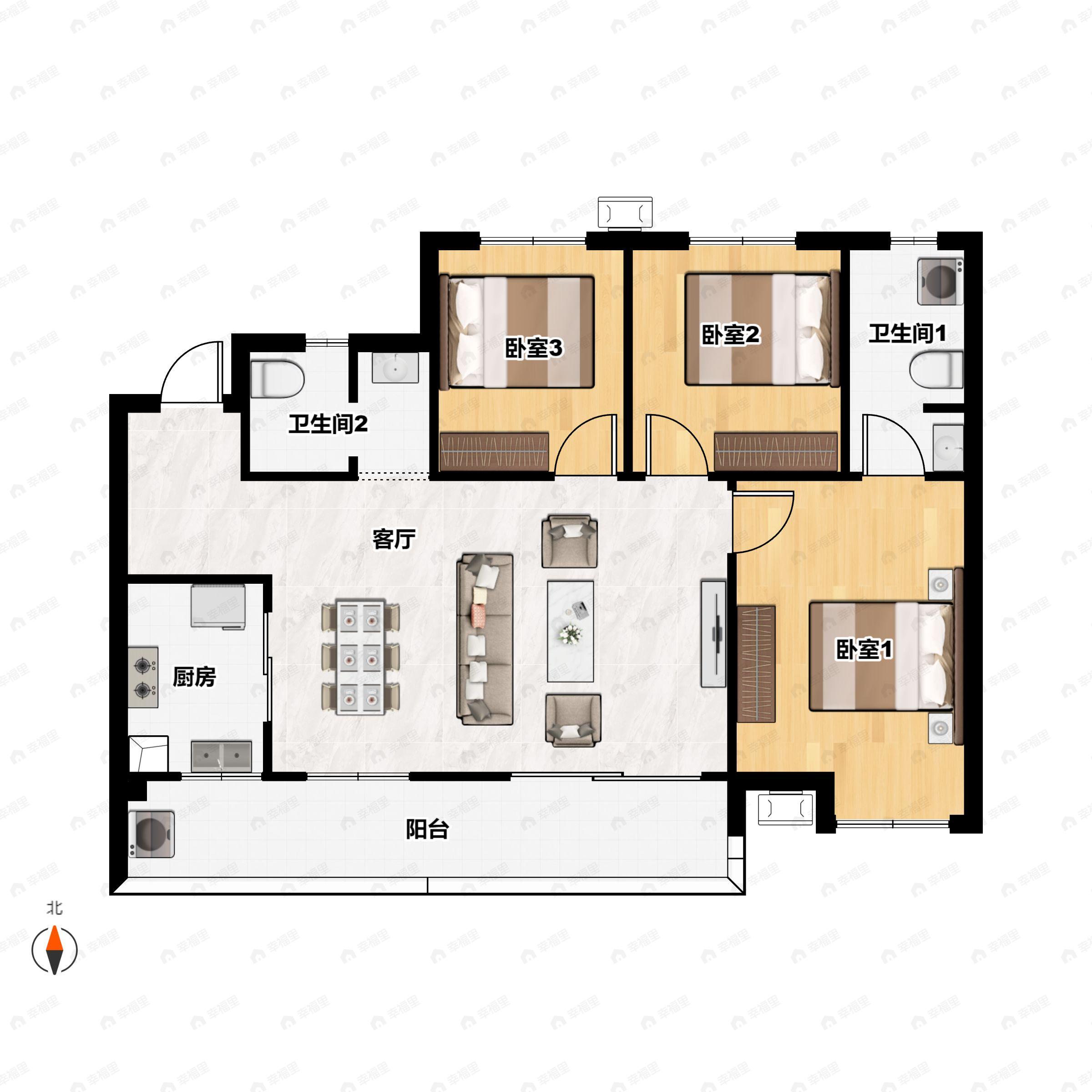 3室2厅2卫建面110m²南户型图