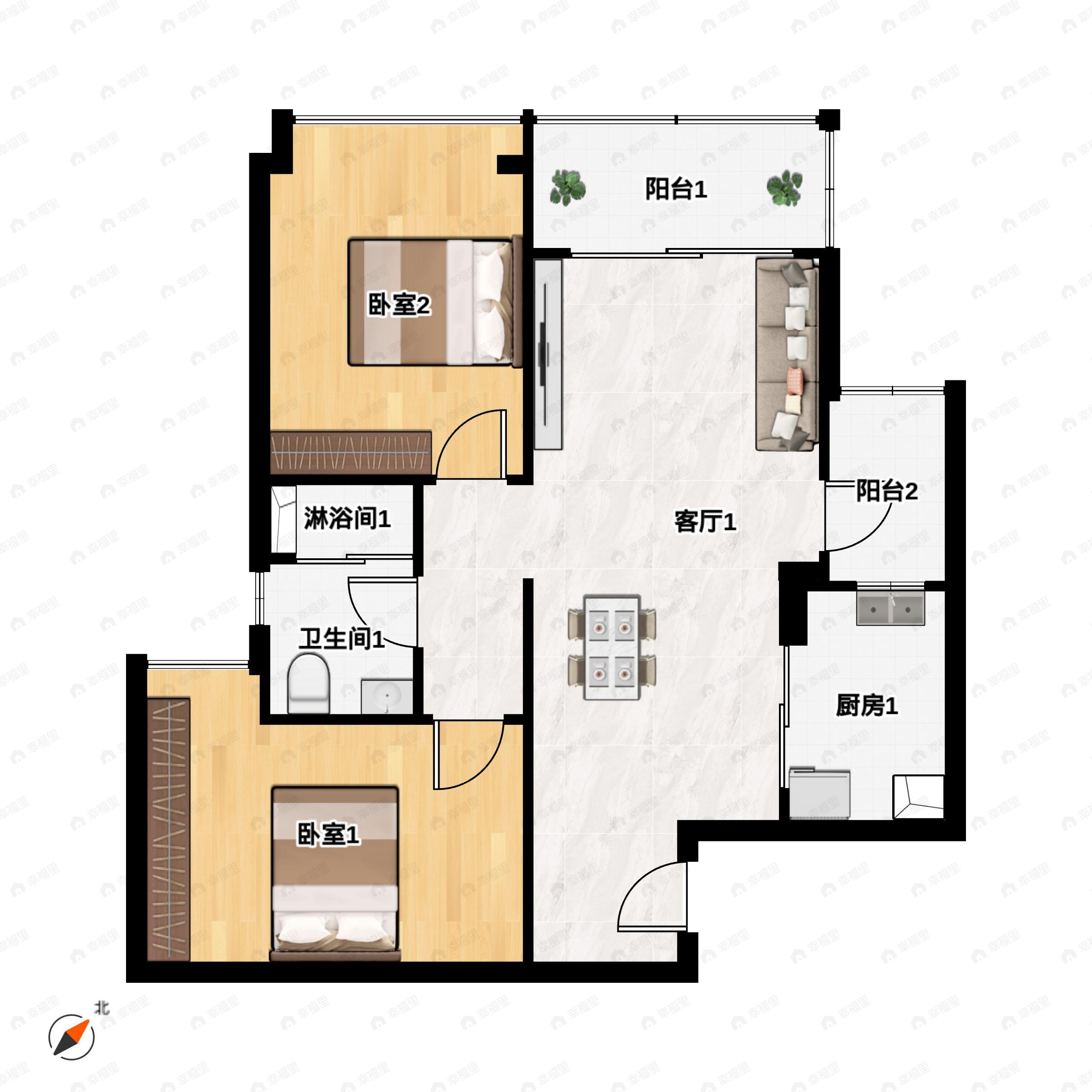 2室2厅1卫建面84平户型图