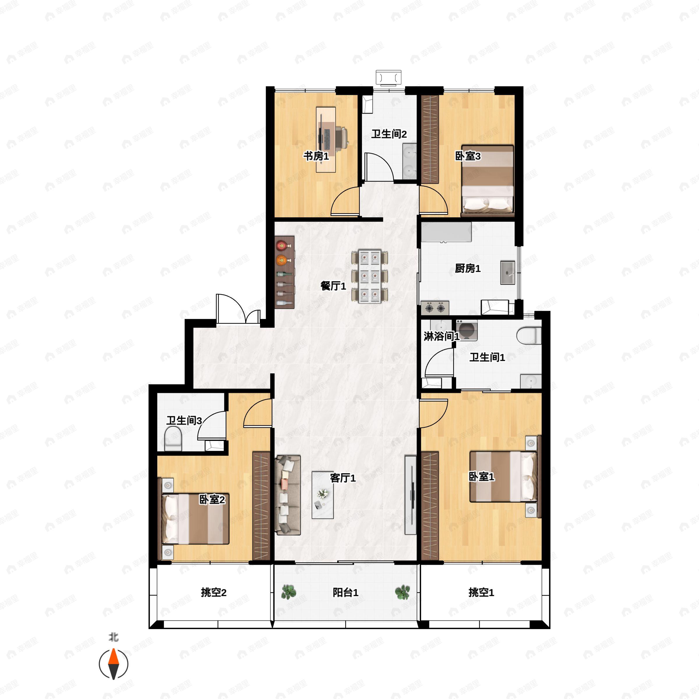 4室2厅3卫建面177平南户型图