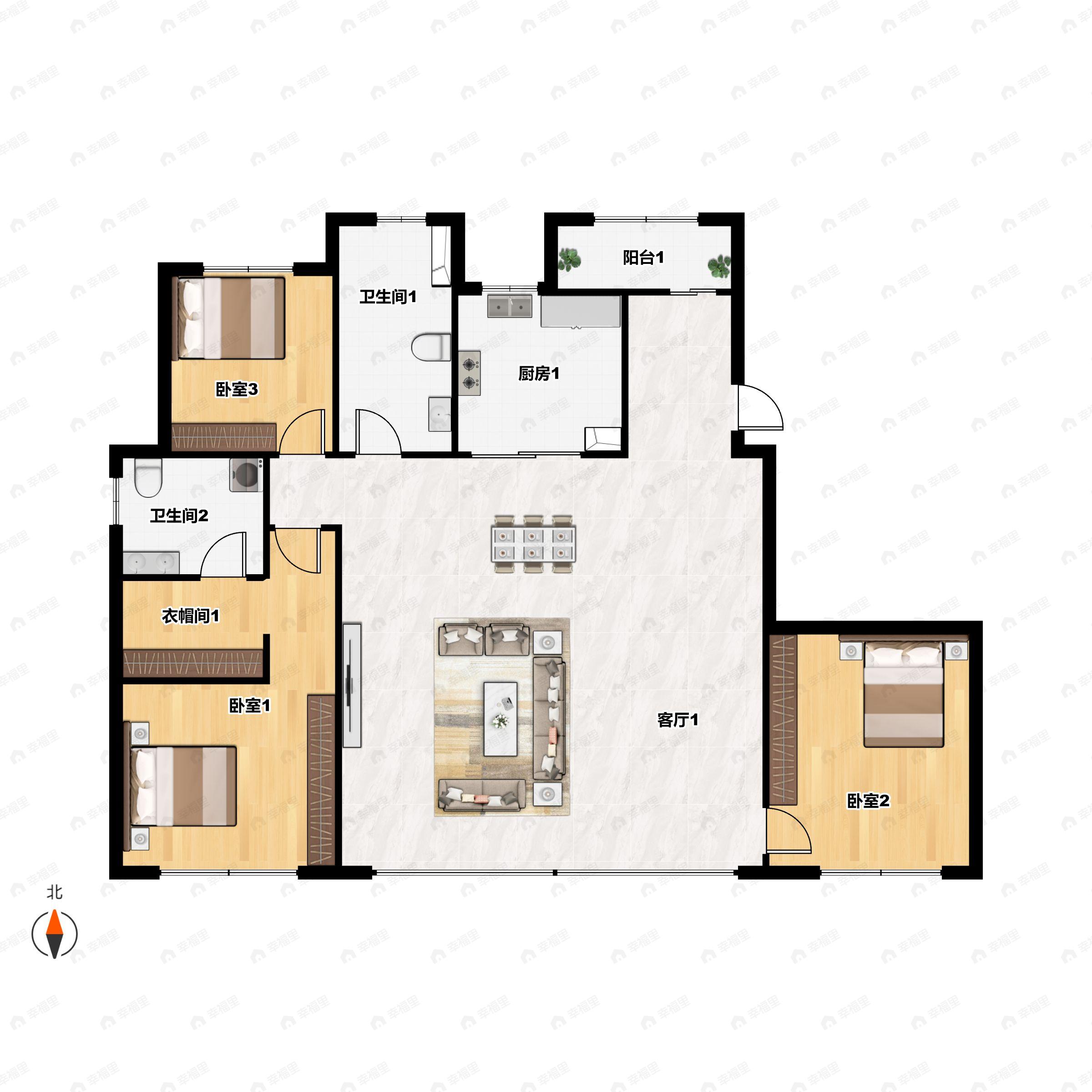 3室2厅2卫建面150m²南户型图