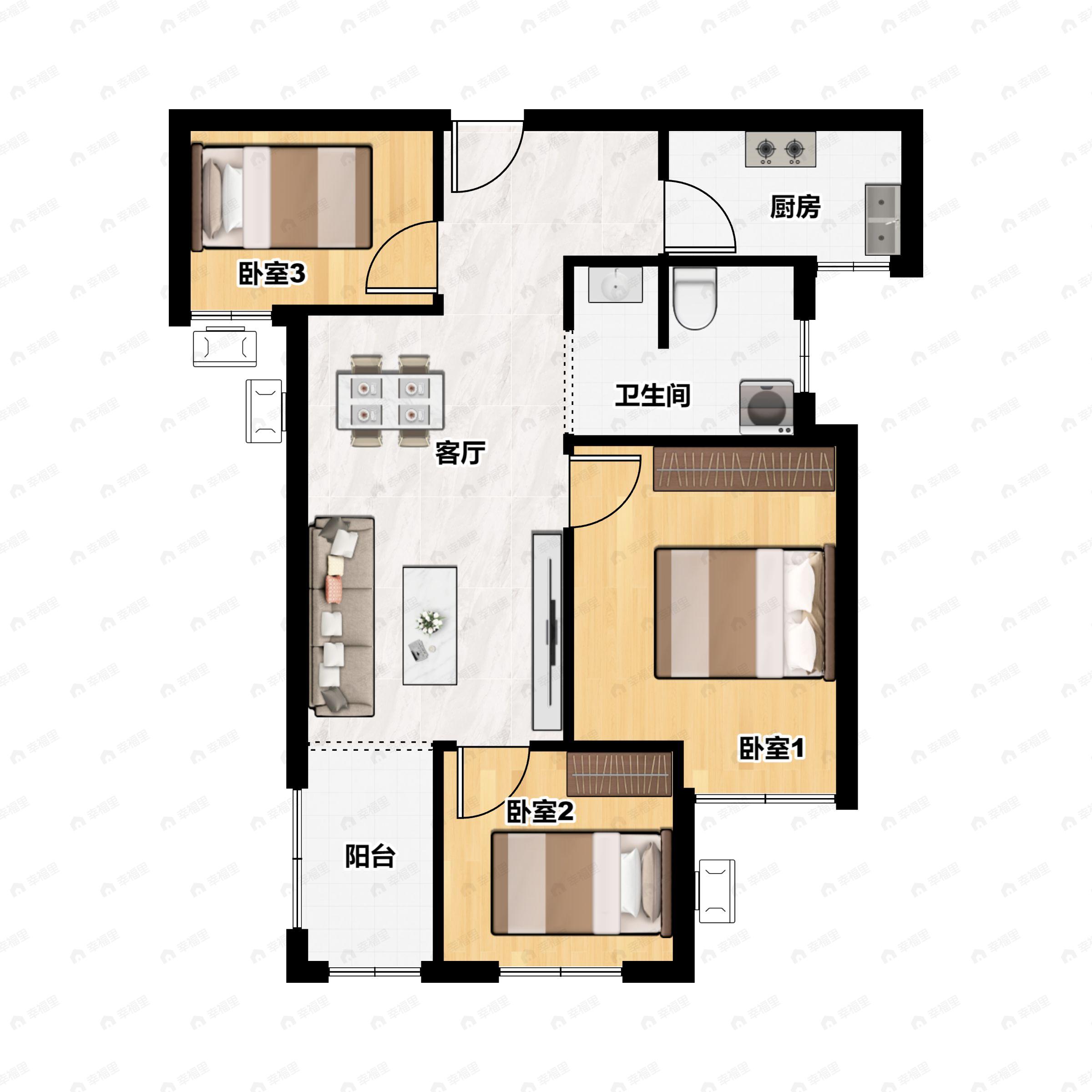 3室2厅1卫建面90平南户型图