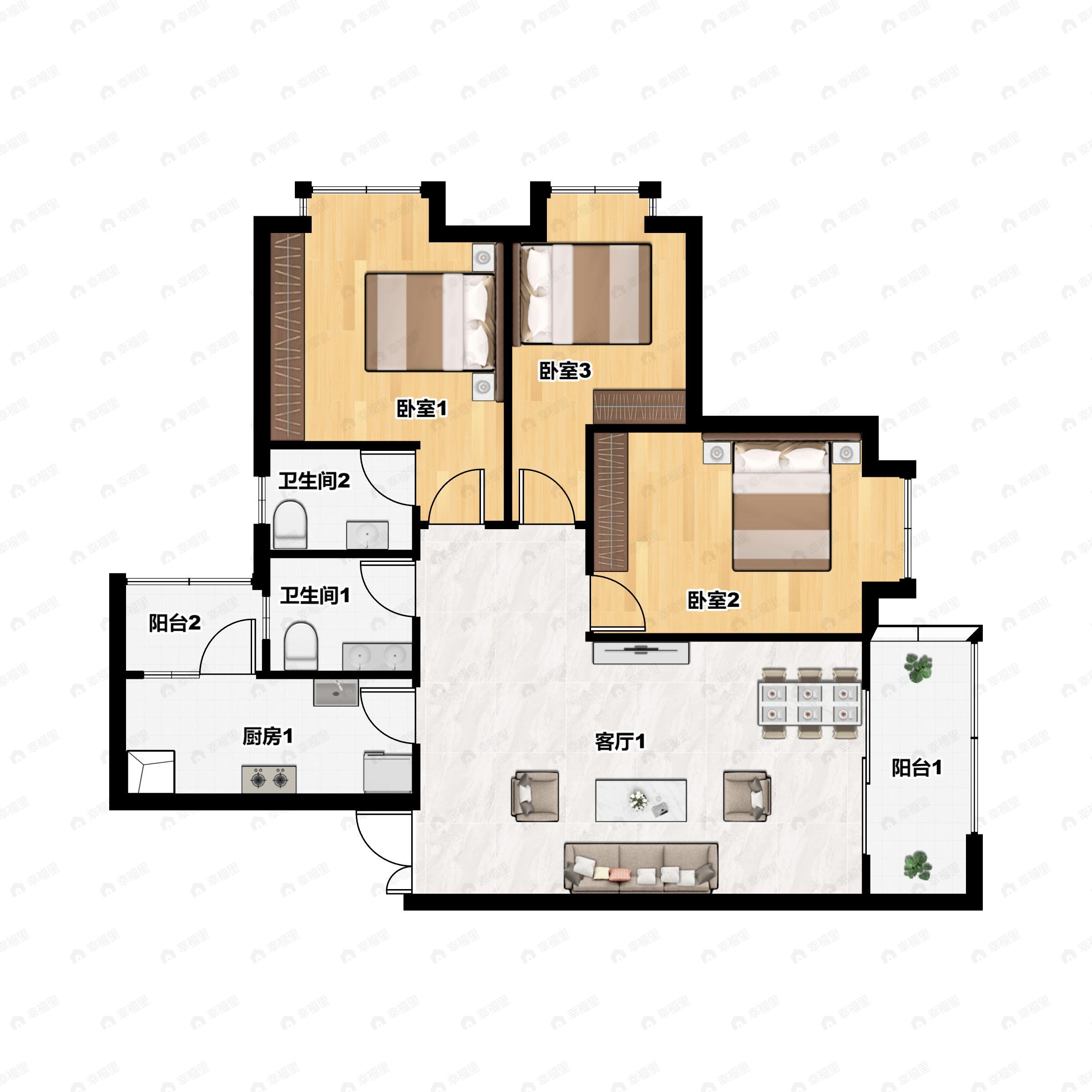3室2厅2卫建面101平户型图