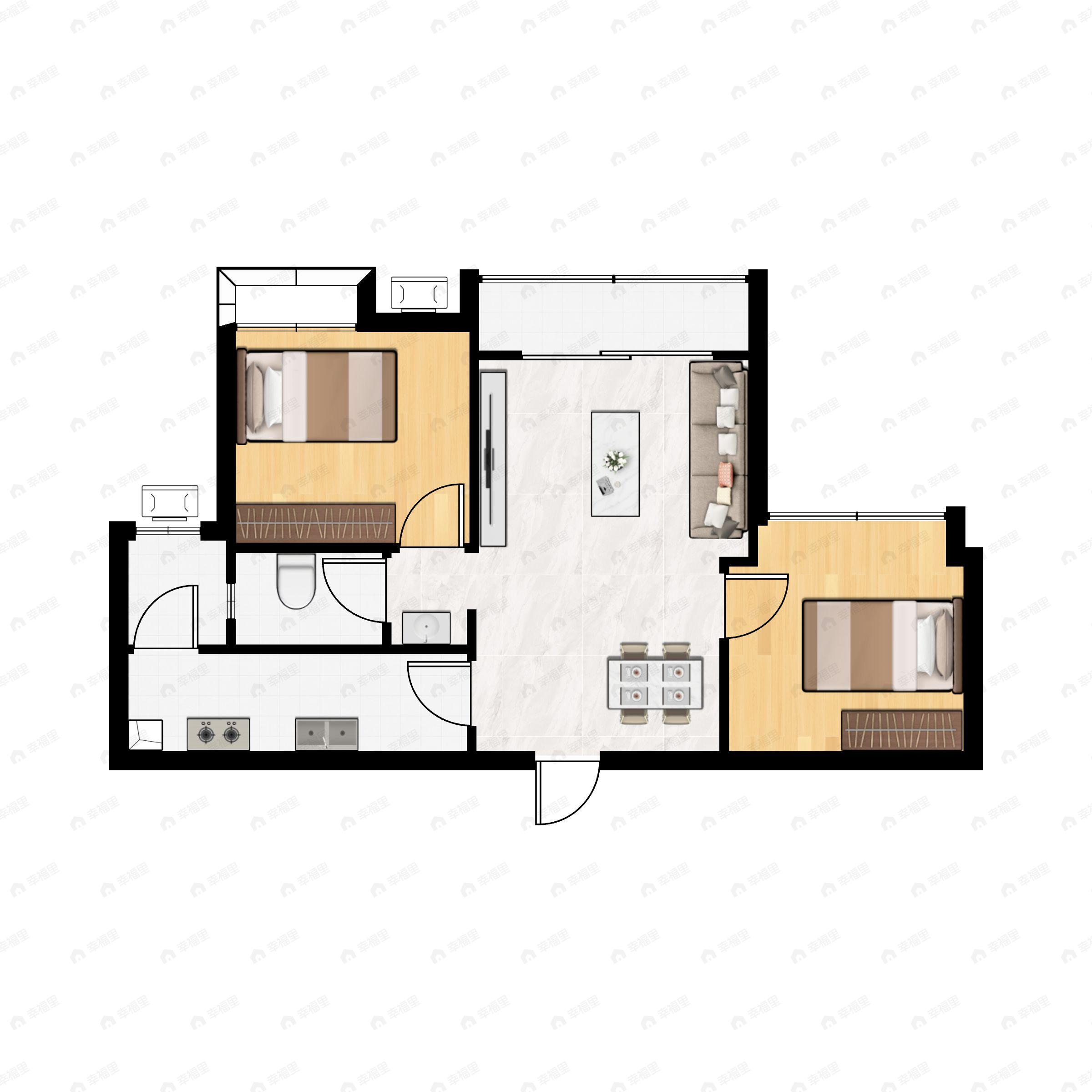 2室2厅1卫建面71m²西南户型图